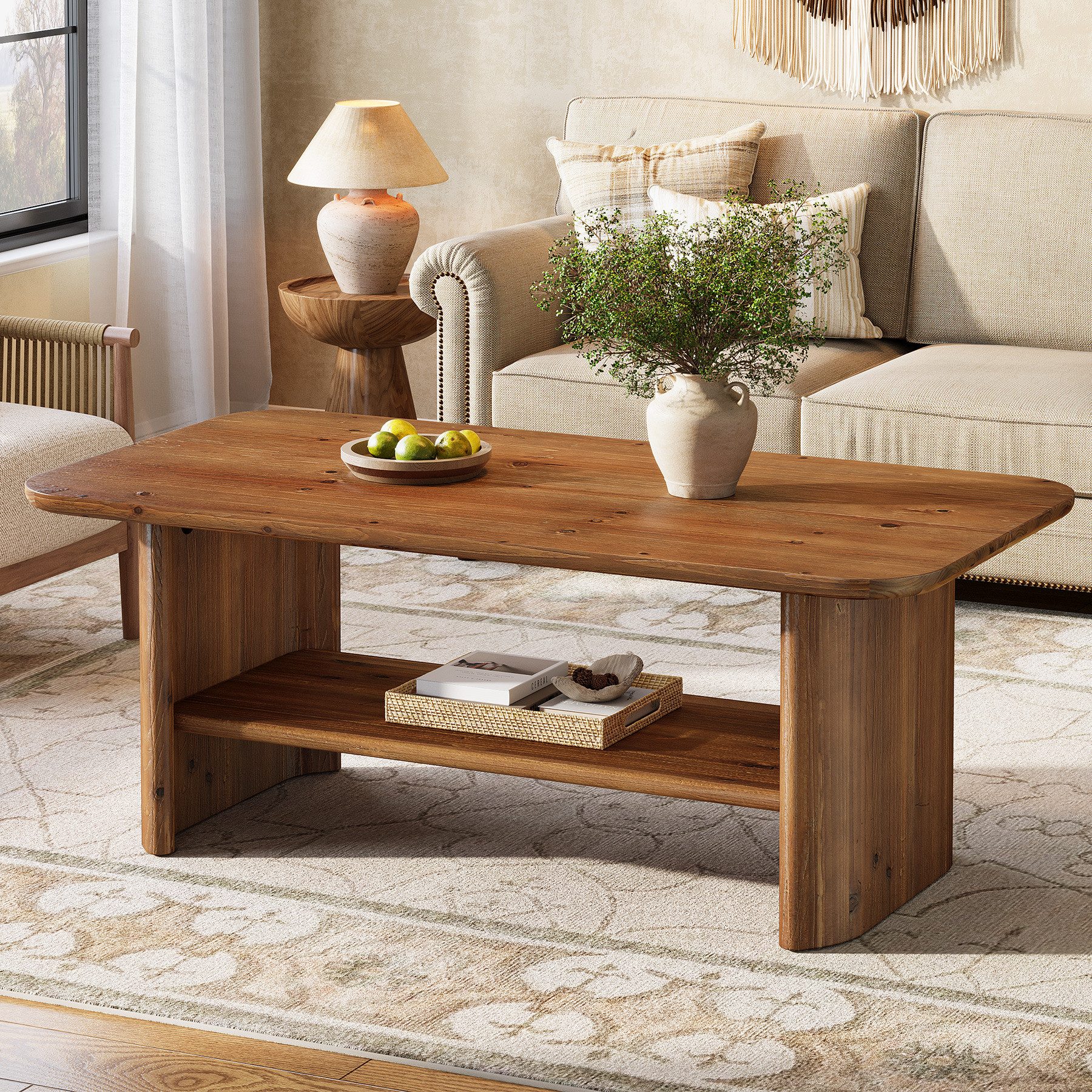 Tribesigns Couchtisch Massivholz Couchtisch 120 cm, 2-stufig, rechteckig, stabil, Braun, Massivholz