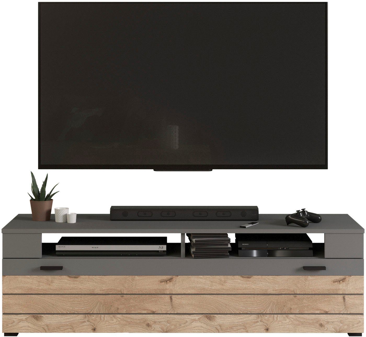 Home affaire Lowboard Aalborg, Breite 140 cm, 1 Klappe, 2 offene Fächer, Metallgriffe, TV-Möbel, TV-Schrank, TV-Lowboard, Mediaboard, Wohnmöbel