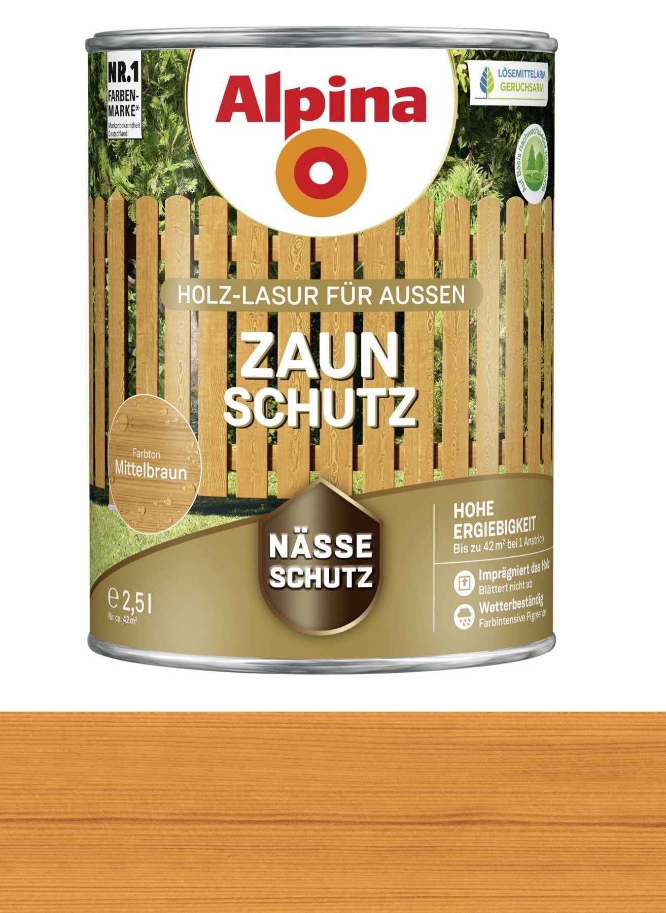 Alpina Holzschutzlasur Alpina Holzlasur 2,5 L Lasur Außen Zaun Schutz Mittelbraun BEULE, Farbintensive Pigment - wetterbeständig