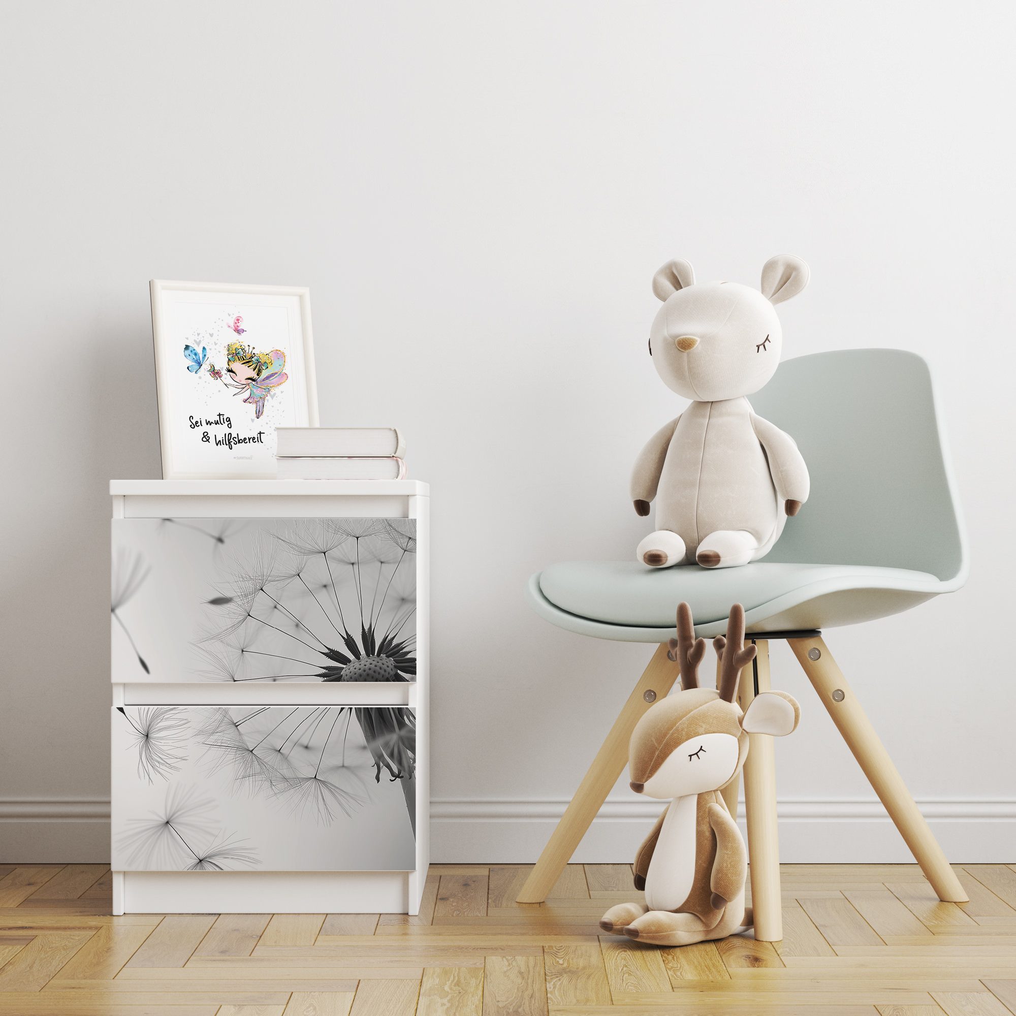 Sunnywall Möbelfolie passend für IKEA Malm Kommode Schrankfolie Aufkleber Pusteblume weiss, blasenfreie selbstklebende Folie (SCHRANK NICHT INKLUSIVE)