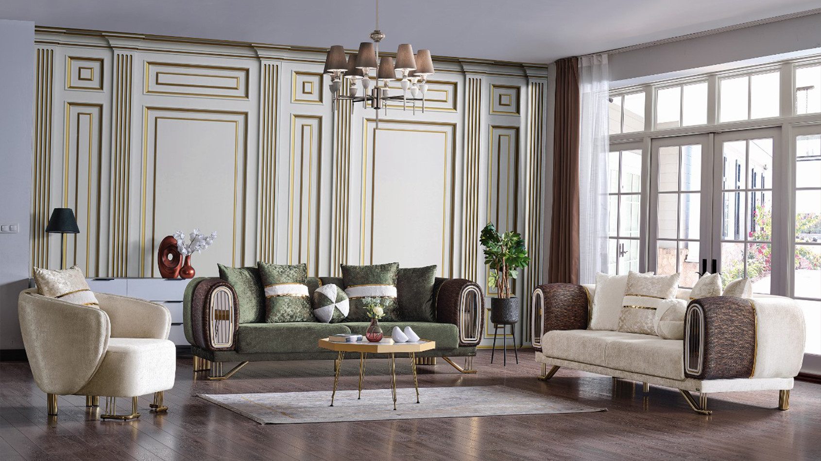 Xlmoebel Polstergarnitur Gestalterische Sitzgruppe 3+3+1er Polster Sofa Set Neu, (3-tlg., 2x Sofas 3 Sitzer + 1x Sessel), Hergestellt in Europa