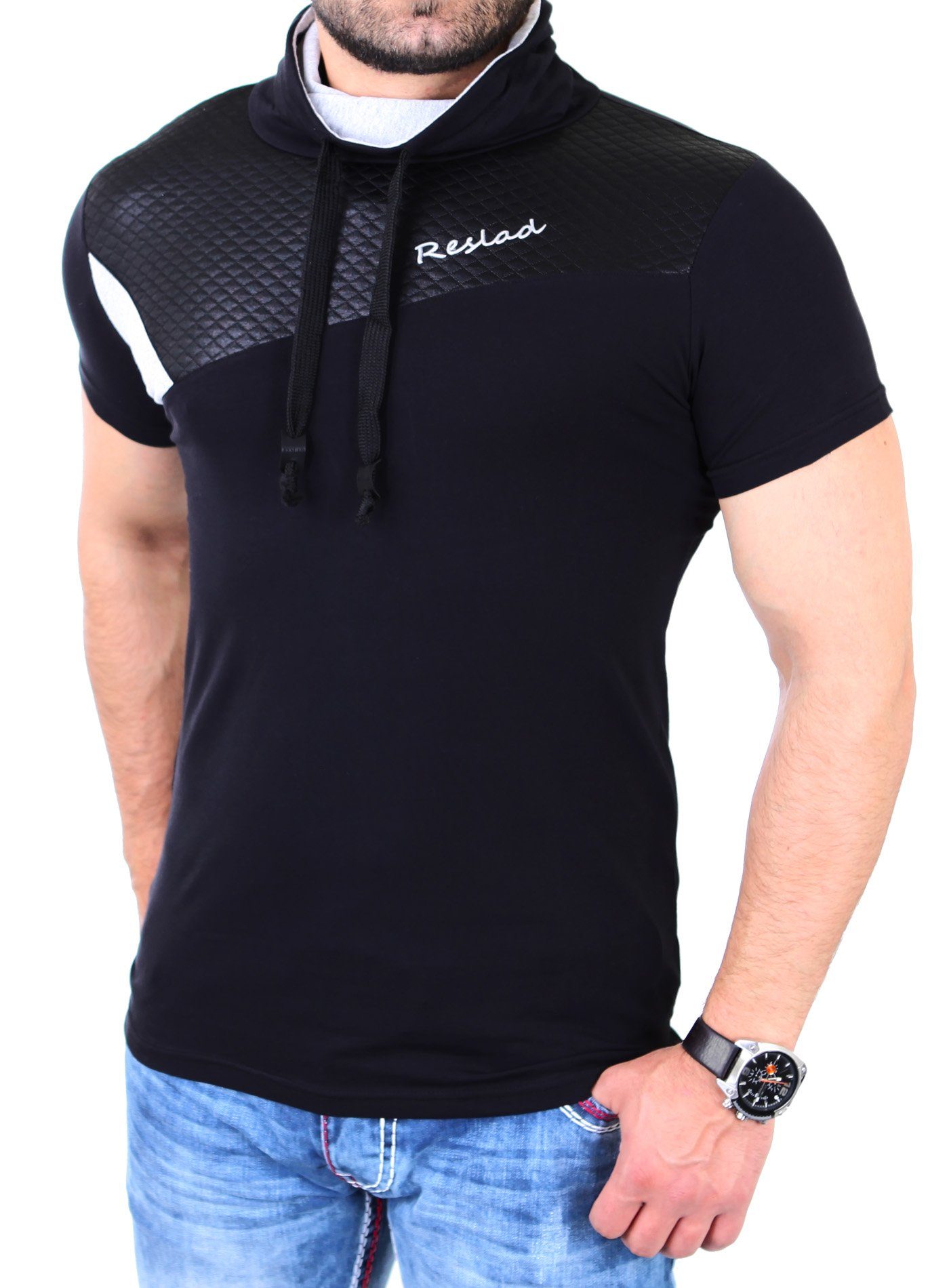 mit Tunnelzug Stich Herren Reslad T-Shirt Reslad Shirt schwarz Schalkragen RS-05 Diamond Schalkragen (1-tlg) T-Shirt