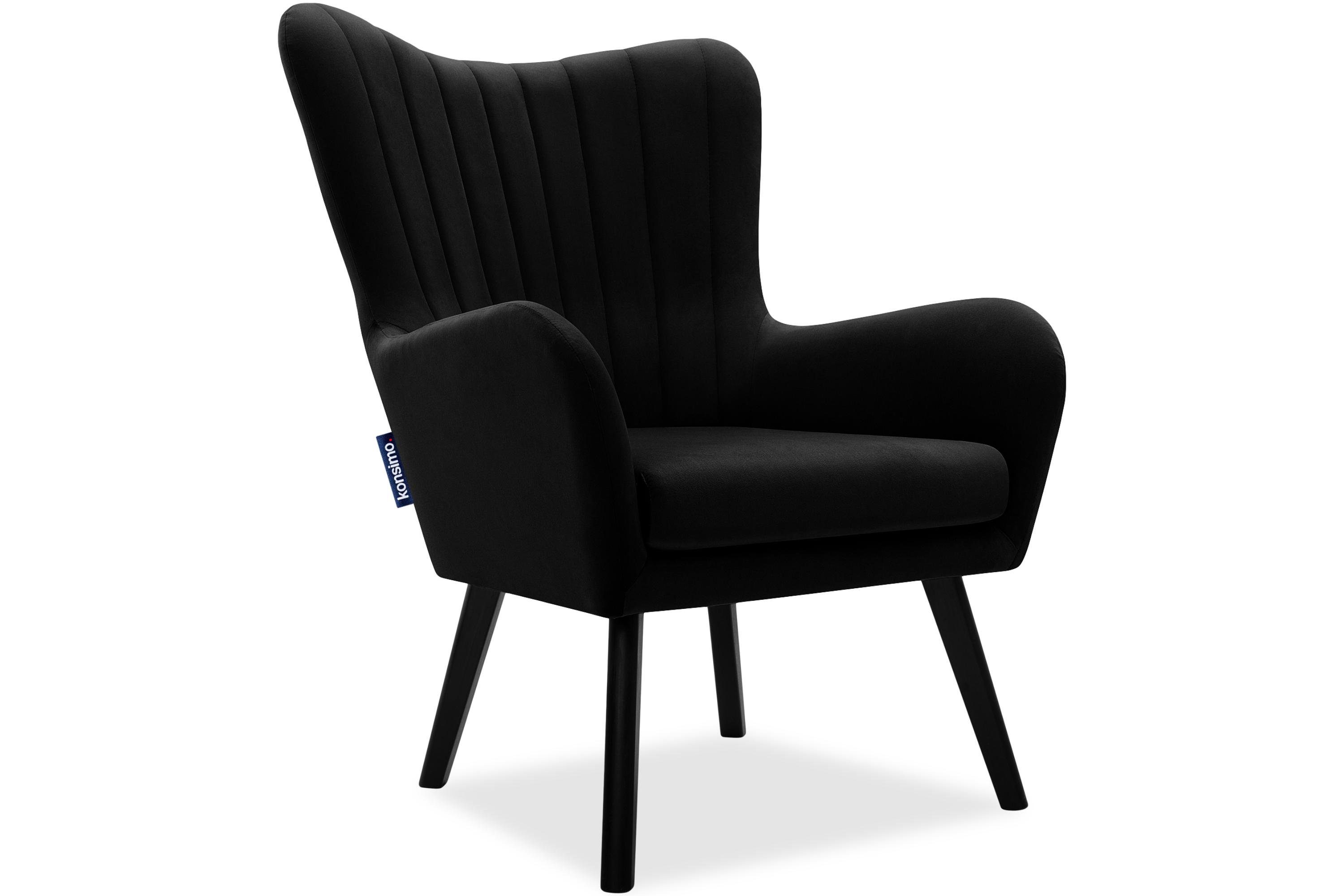 KONSIMO® Ohrensessel GADI, Velourstoff, PUR-Schaum im Sitz, Schwarz lackierte Holzbeine