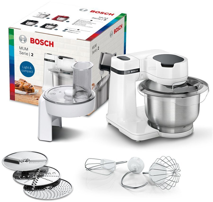BOSCH Küchenmaschine Serie 2 MUMS2EW01, Edelstahlschüssel, Durchlaufschnitzler, Deckel, 700 W, 3,8 l Schüssel, Durchlaufschnitzler, 3 Reibescheiben, Patisserieset Edelstahl