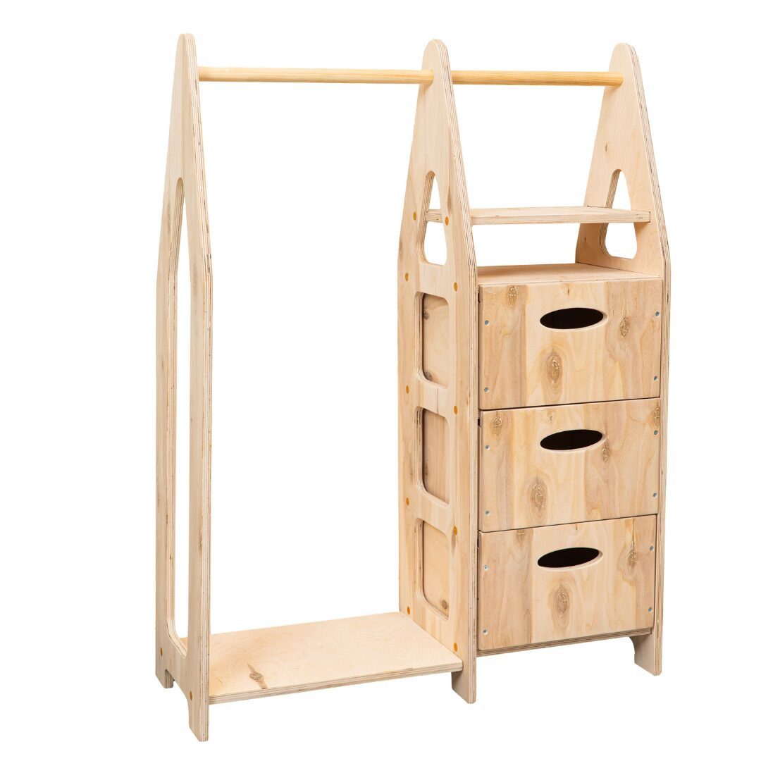 COZYCOLLECTIONS Kinderkleiderschrank Montessori Kleiderschrank 3-in-1, Naturholz, 78x106x31,5 cm (Kinder-Kleiderschrank / Montessori-Garderobe (3-in-1), 1-St., 3-in-1: Kleiderstange + 3 Schubladen + Regalfächer (kompakt) Montessori 3-in-1: Stange + 3 Schu