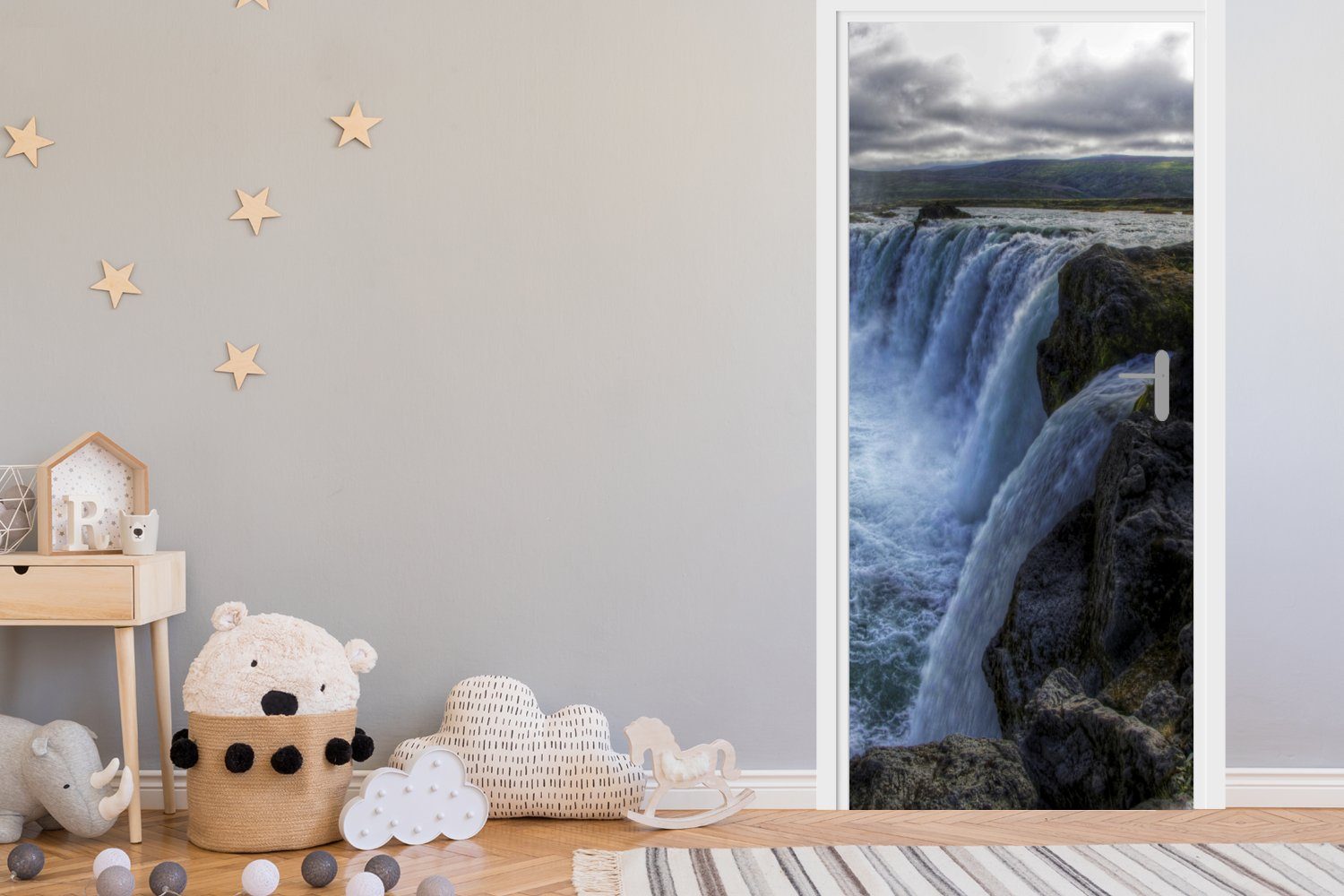 St), Wasserfälle Tür, (1 Fototapete bedruckt, Matt, Türaufkleber, cm für Türtapete 75x205 Blau, MuchoWow - Island -