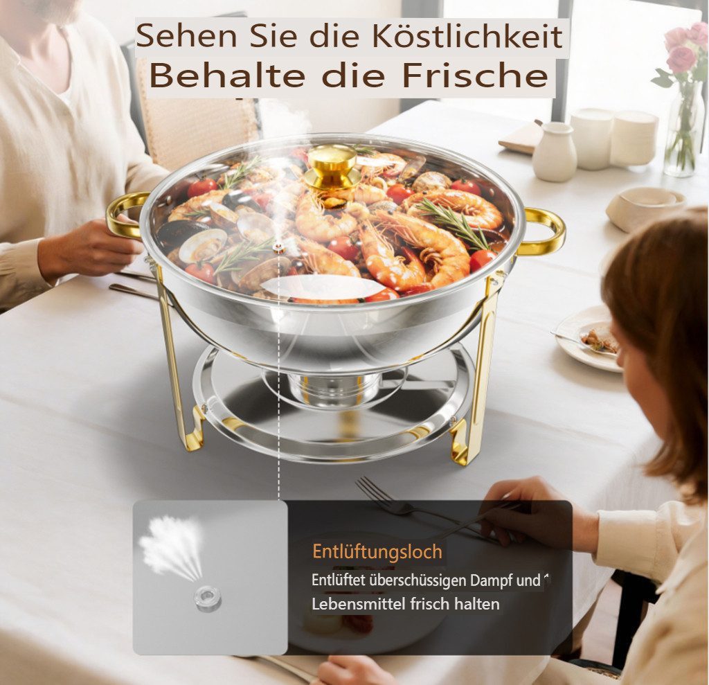 Warmounts Speisenwärmer 6,15L Chafing Dish Speisenwärmer Set, (2-tlg., Rund, 6,5 QT Edelstahl mit Deckelhalter und Glasdeckel), Buffet Warmhalter-Set für Catering, Partys, Abendessen