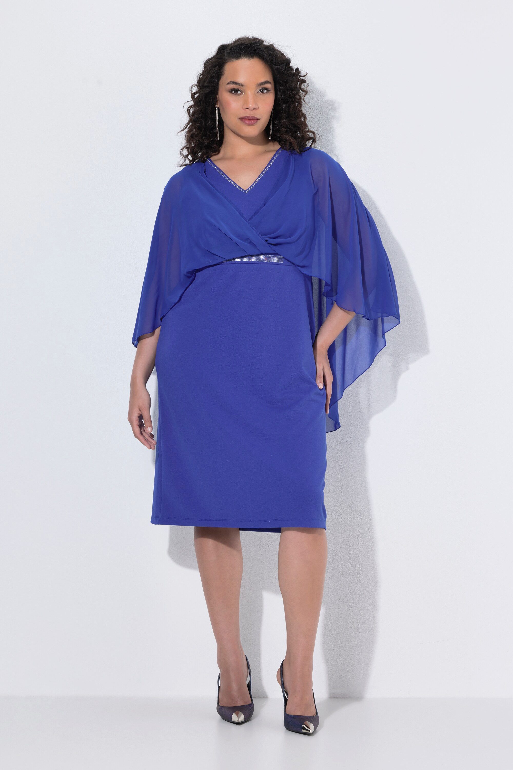 Ulla Popken Cocktailkleid Midikleid Chiffon-Überwurf V-Ausschnitt 3/4-Arm