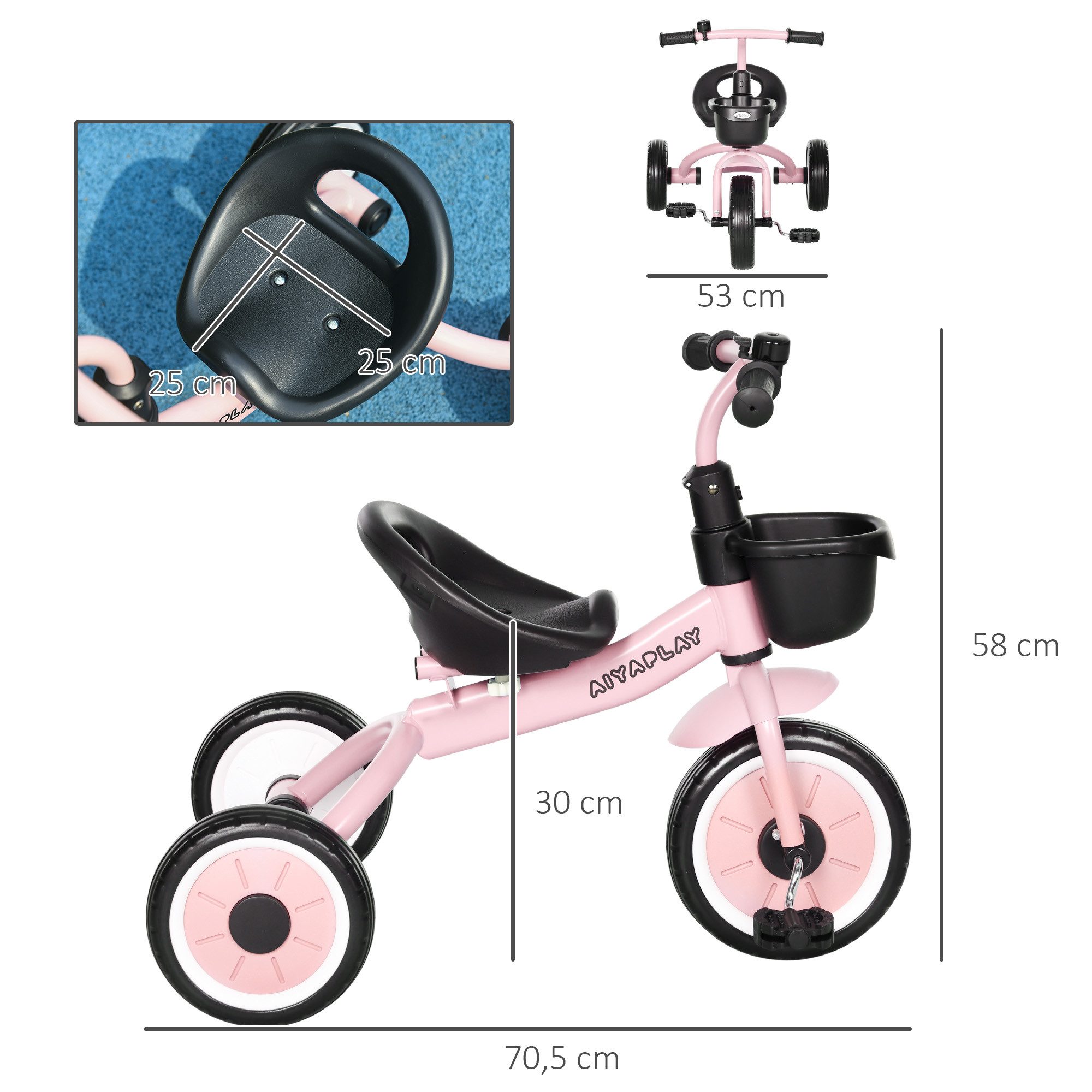 AIYAPLAY Dreirad Kinderfahrrad mit verstellbarer Sitz, Rosa 70.5 x 53 x 58 cm