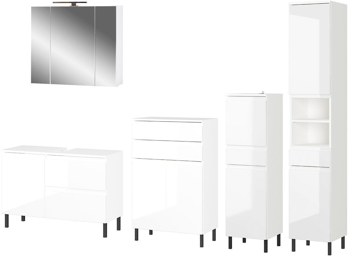 Badmöbel-Set Spiegelschrank Steckdose bestehend aus LED-Beleuchtung mit Schrank, Waschbeckenunterschrank, Hochschrank, Kommode, und (5-St), Scantic, GERMANIA
