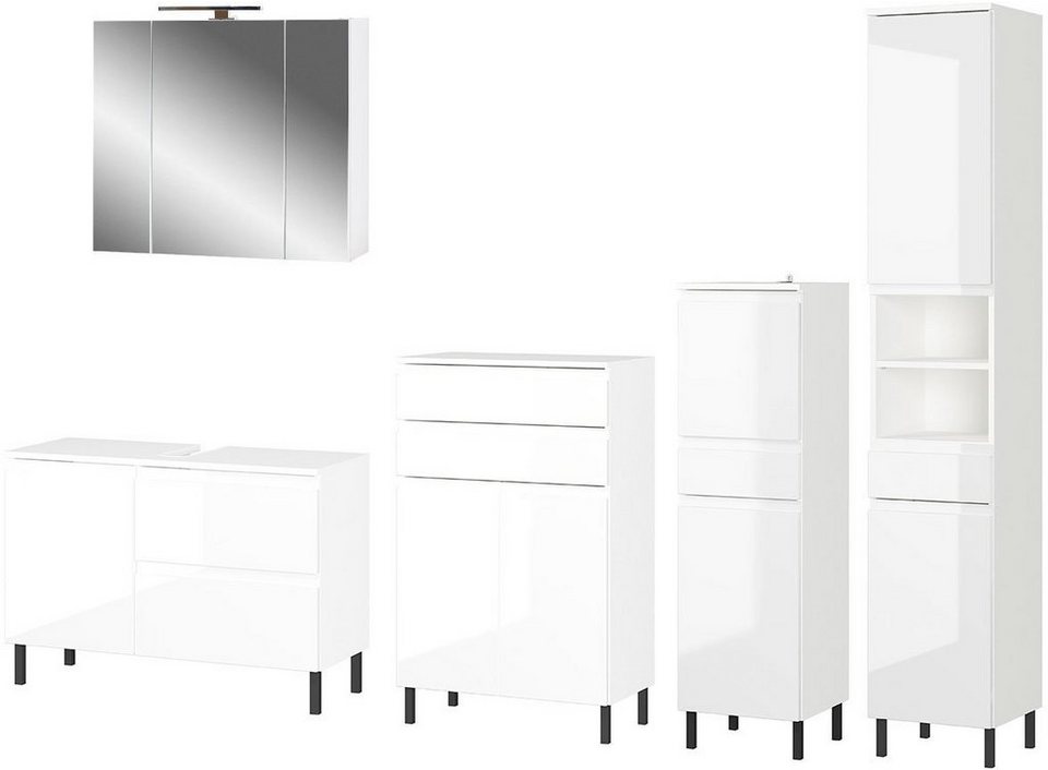 GERMANIA Badmöbel-Set Scantic, (5-St), bestehend aus Kommode, Schrank,  Hochschrank, Waschbeckenunterschrank, Spiegelschrank mit LED-Beleuchtung  und Steckdose