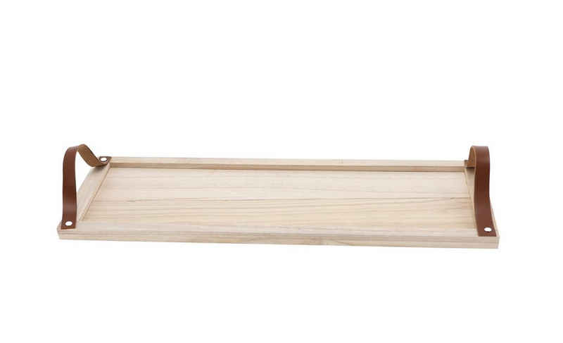 Spetebo Dekotablett Holz Deko Tablett mit Griffen in Leder Optik - 60 x 20 cm (Packung, 1 tlg), Servier Tablett extra lang mit Ledergriffen