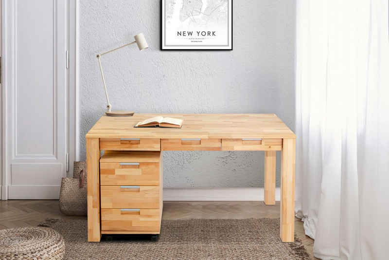 Home affaire Büro-Set Robi, (Set, 2-St), Buchenholz, bestehend aus Robi Schreibtisch 135 cm und Rollcontainer