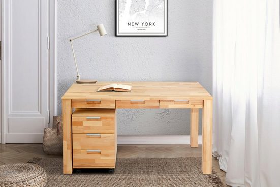 Home affaire Büro-Set »Robi«, (2-St), aus massiv geöltem Buchenholz, bestehend aus Robi Schreibtisch 135 cm und einem Rollcontainer