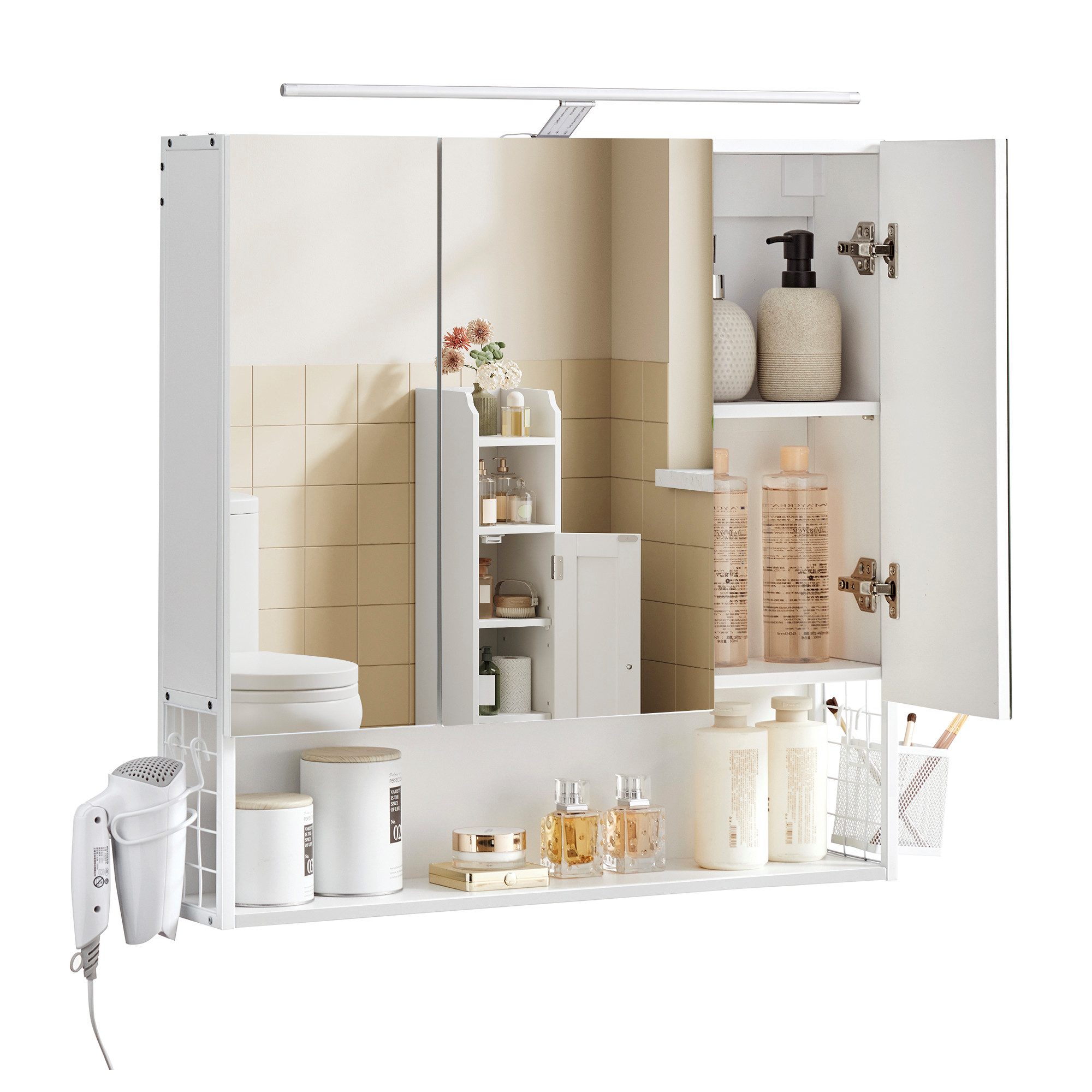 VASAGLE Spiegelschrank Badezimmerschrank Wandschrank Breite 70cm, LED-Beleuchtung, Stecker, Hängekorb, Haartrockner-Halter
