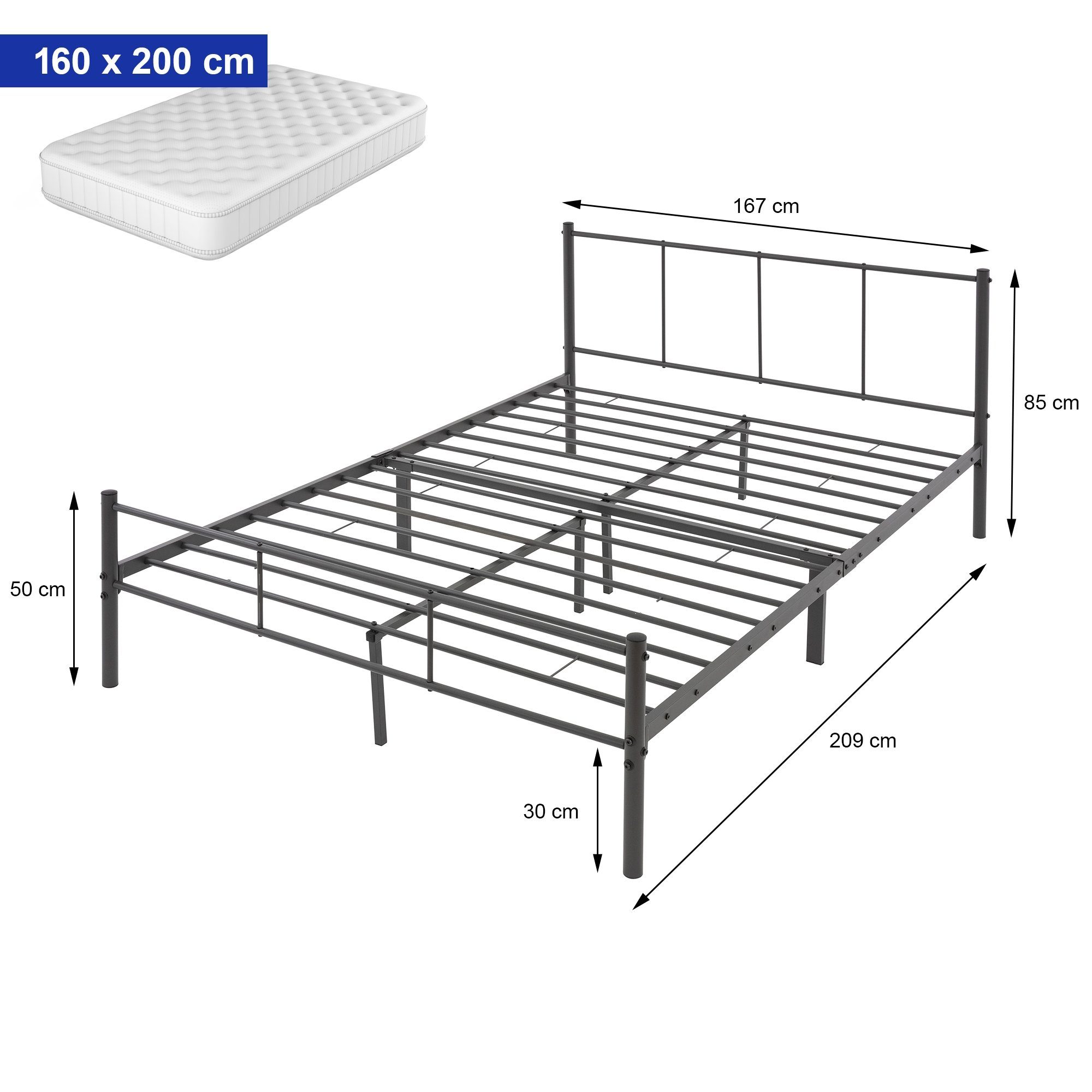 Montage Schlafzimmerbett Metallbett robust Gästebett, ML-DESIGN leichte Erwachsene 160x200cm Jugendbett Ehebett Anthrazit Stahlrahmen Lattenrost Doppelbett