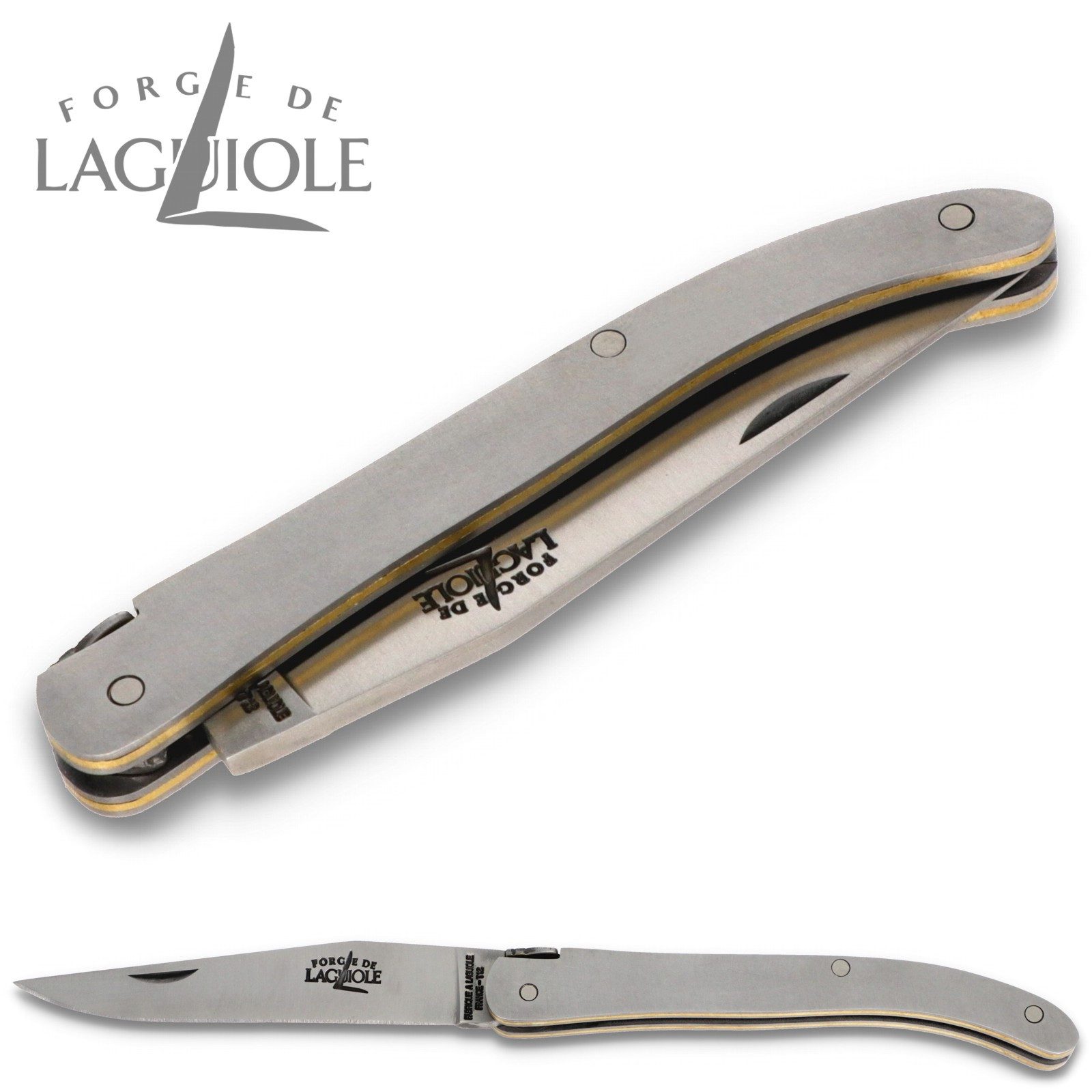 Forge de Laguiole Taschenmesser 109 SAT, "Ghion" - Griff 10cm Stahl - Verzierte Feder - Klinge Stahl satiniert