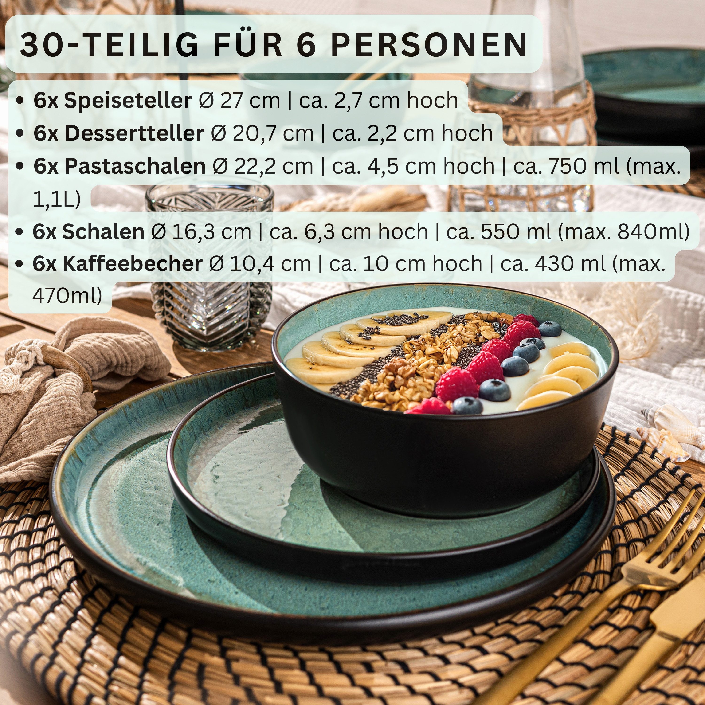 SÄNGER Tafelservice Fiji Geschirrset, Grün Schwarz (30-tlg), 6 Personen, Steingut, Handmade, Erweiterbar, VALUE COLLECTION – Bild 2 von 5