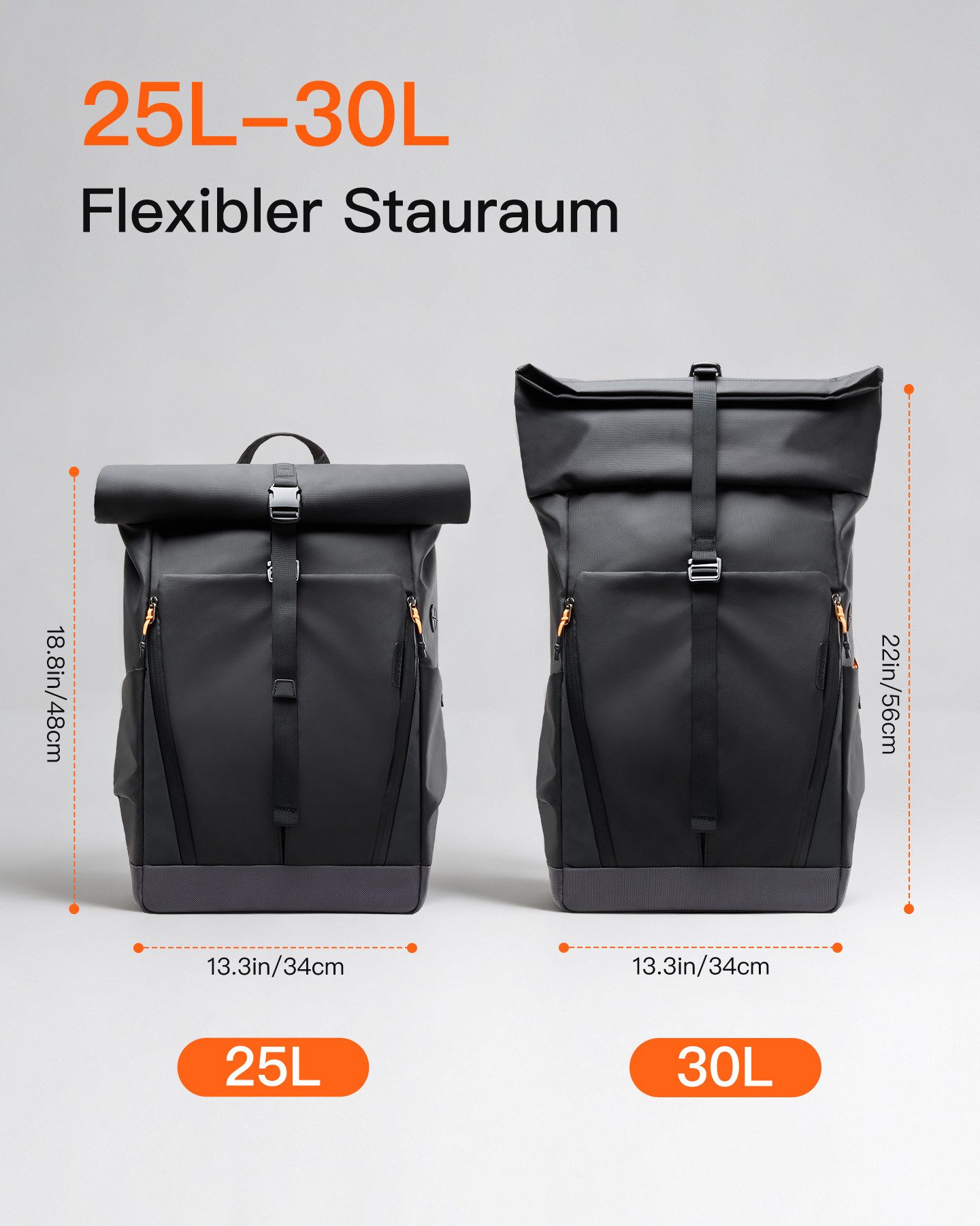 Inateck Laptoprucksack RollTop Herren Damen 25-30L, Spritzwassergeschützt Schulrucksack, mit 17 Zoll Laptopfach – Bild 2 von 5