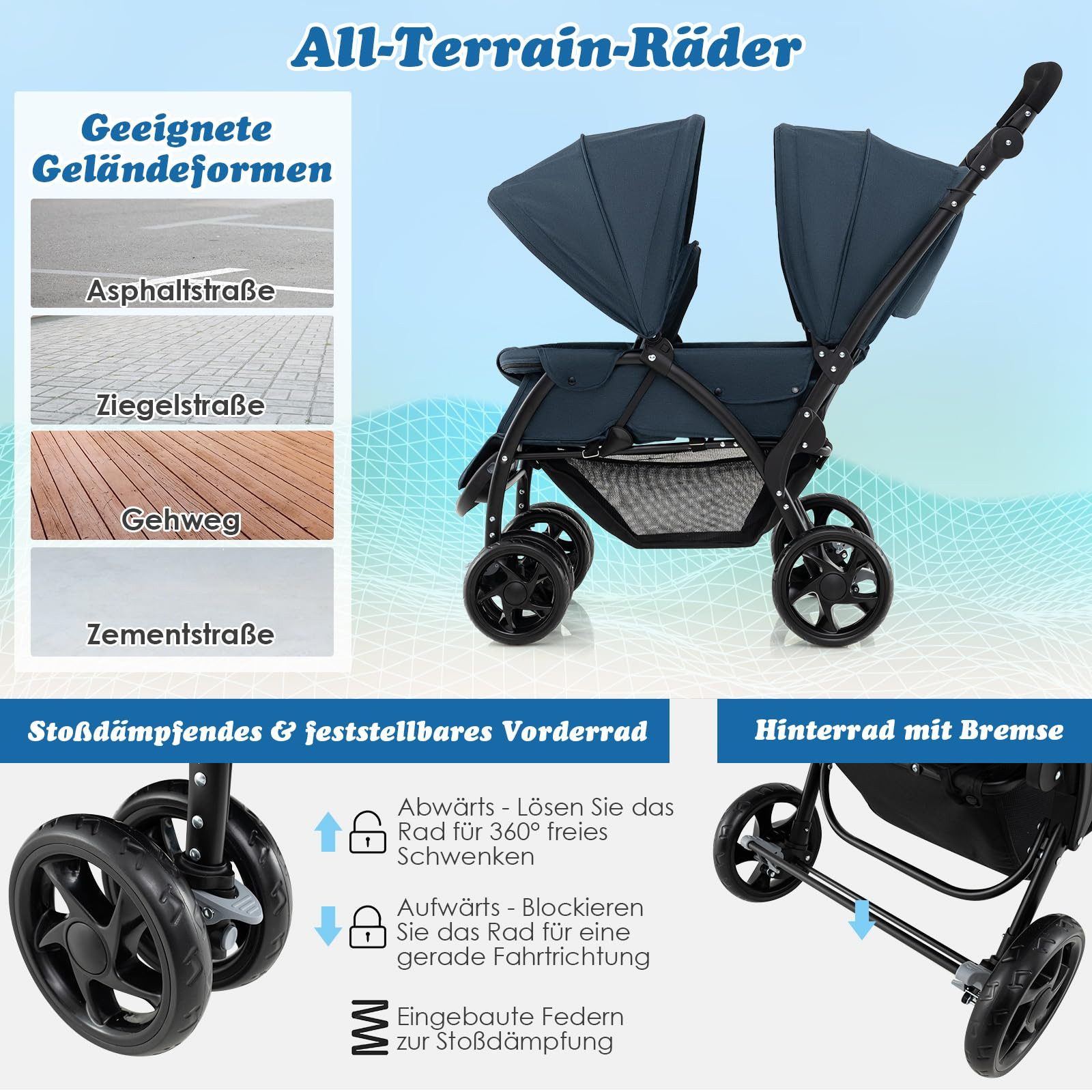 COSTWAY Geschwisterwagen Zwillingsbuggy, mit 5-Punkt Gurt & Einkaufskorb – Bild 5 von 5