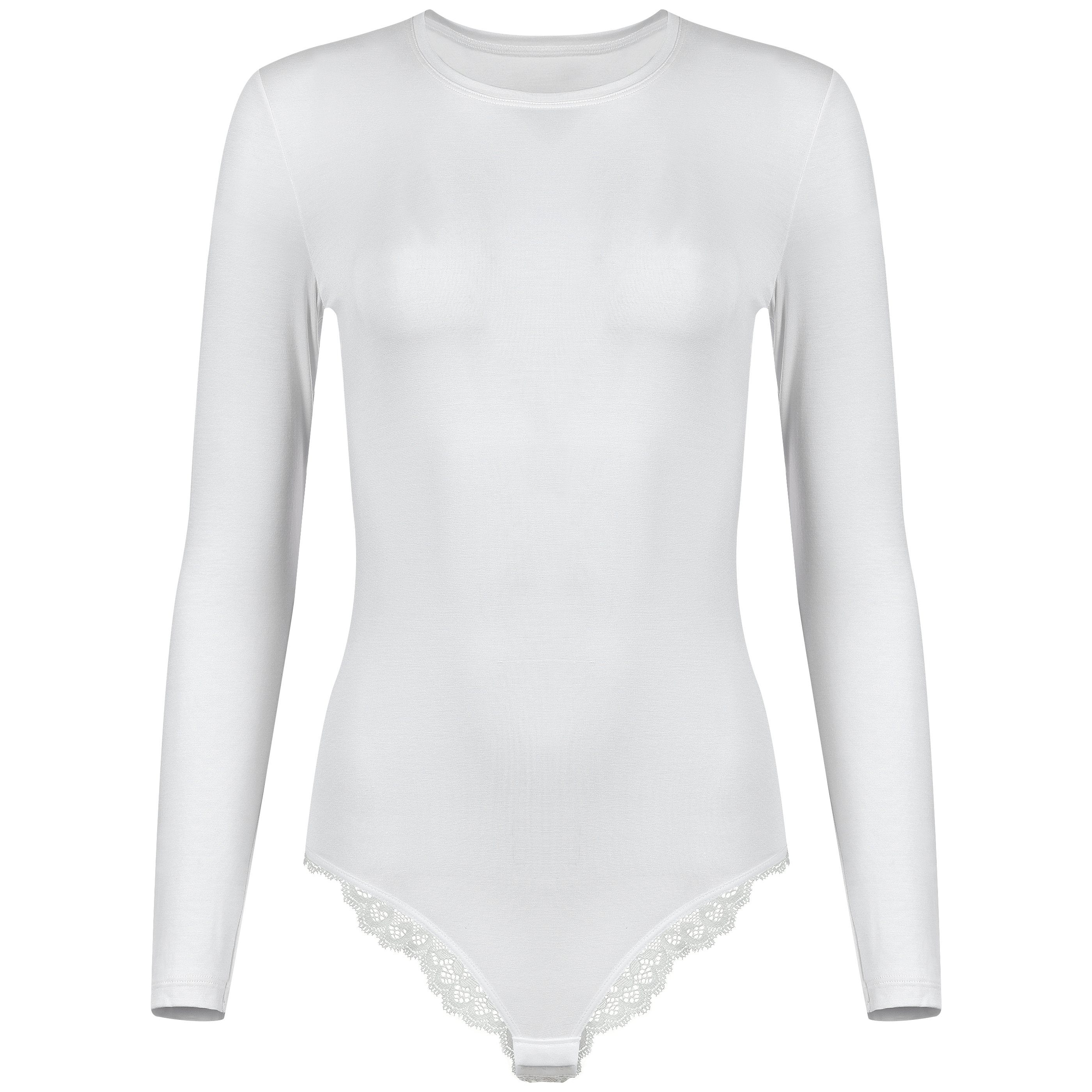 Evoni Body Damen Langarmbody mit Brazilian Slip aus Spitze Micromodal