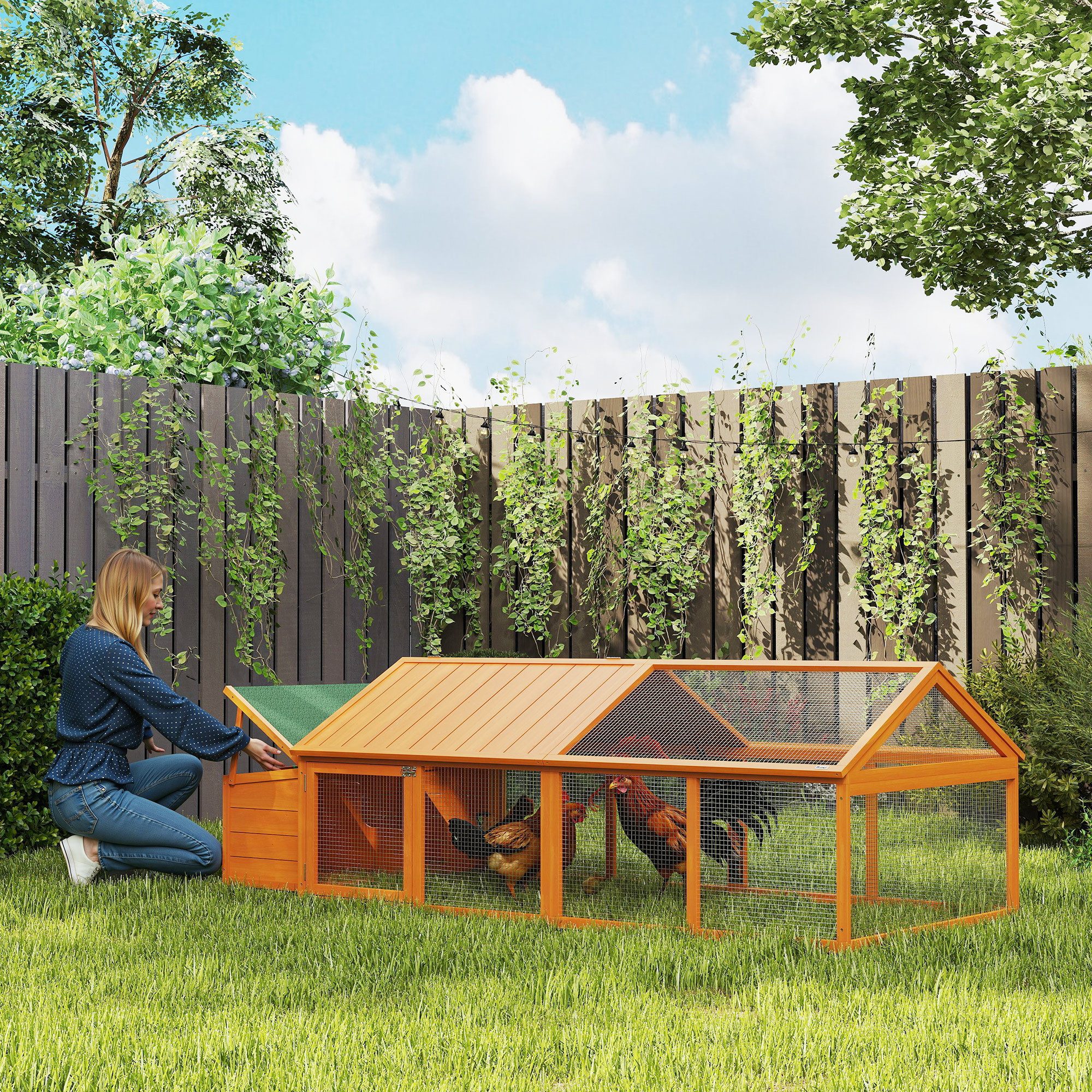 PawHut Hühnerstall mit Drahtgitter, Tür, aufklappbar Dach, Nistkasten, für 4-8 Hühner, Orange