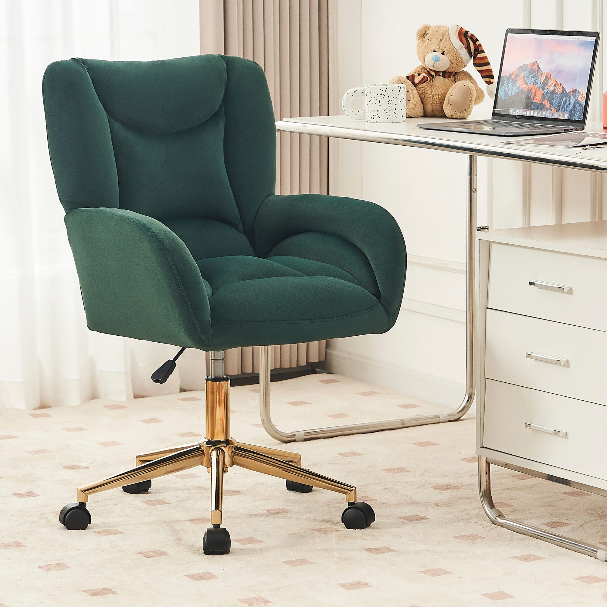 DEKKETO Polsterstuhl Bürostuhl, Schreibtischstuhl, Schminkstuhl & Drehstuhl aus Samt (1 St), mit goldenem Fußkreuz, ideal für Schlafzimmer & Home Office