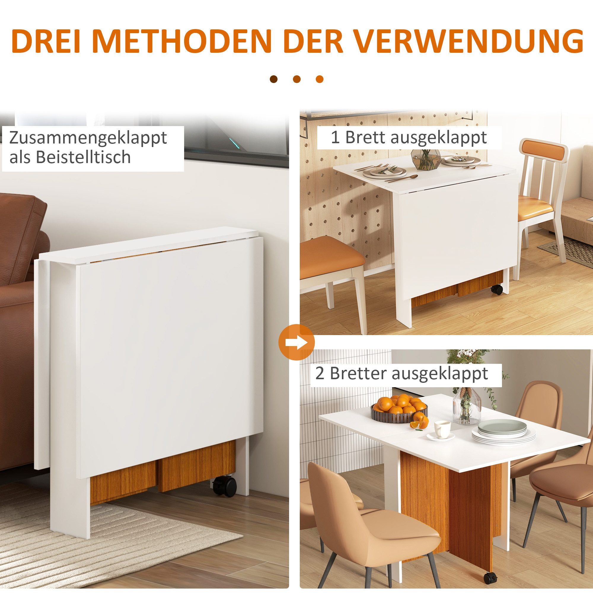 HOMCOM Klapptisch Esstisch Schreibtisch mit klappbarer Arbeitsplatte und Rollen (Küchentisch, 1-St., Esszimmertisch), für Küche Weiß – Bild 4 von 5