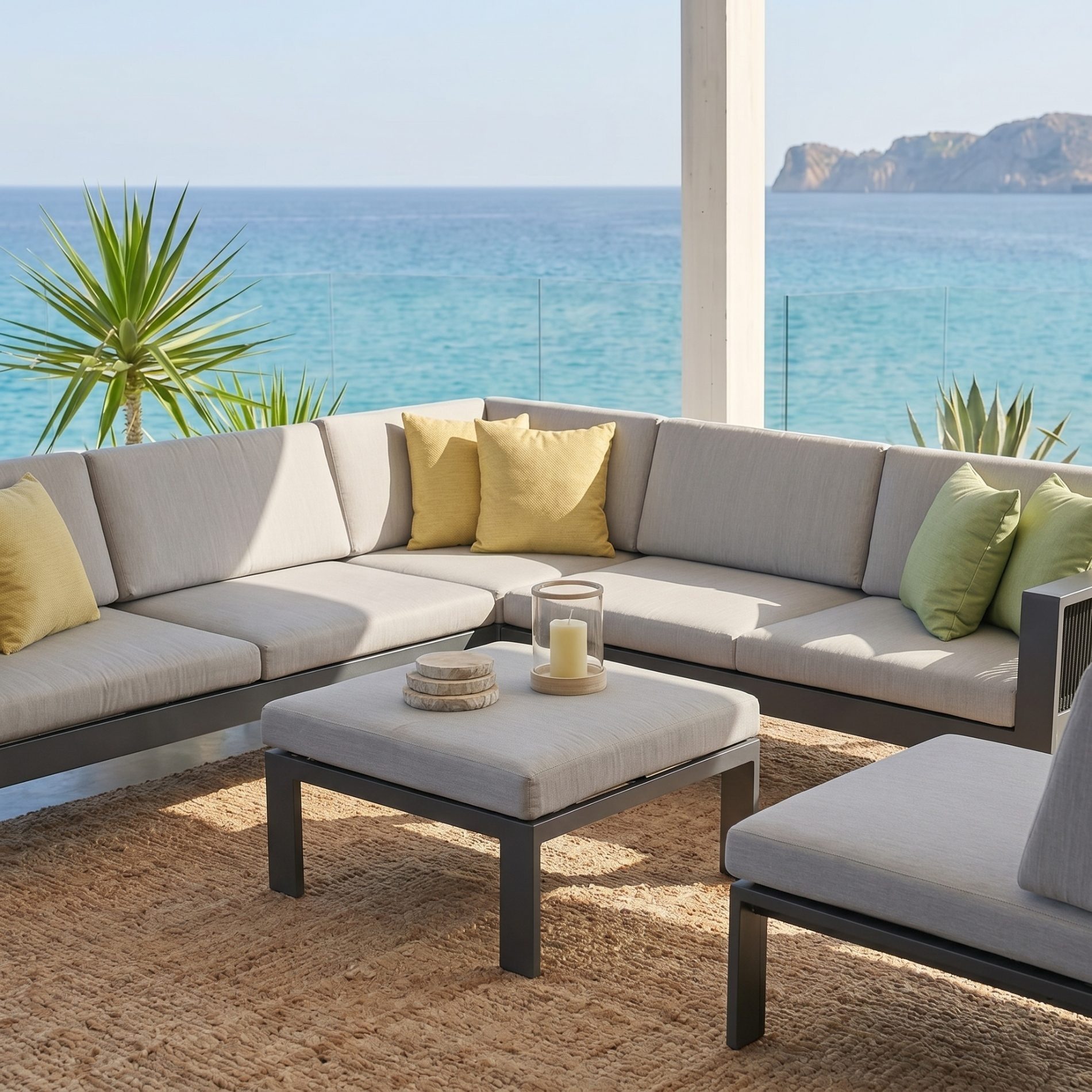 Jati & Kebon Gartenlounge-Set Miray, Ecklounge-Set, Garten-Set, (2-Sitzer Seitenteil rechts & links, Eckteil, Mittelteil, Loungehocker, 5-tlg), für 5 Personen, Rope-Bespannung, inkl. Olefin-Polsterauflagen