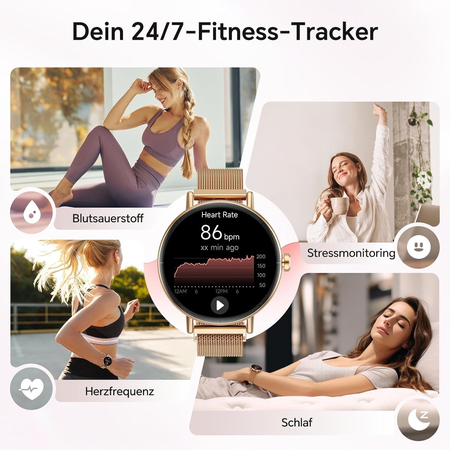Zevelora Damen Smartwatch mit Bluetooth-Telefonie und Gesundheitsfunktionen Smartwatch (1.27 Zoll, Andriod iOS), Fitnessuhr für Damen mit Anruffunktion und über 100 Sportmodi