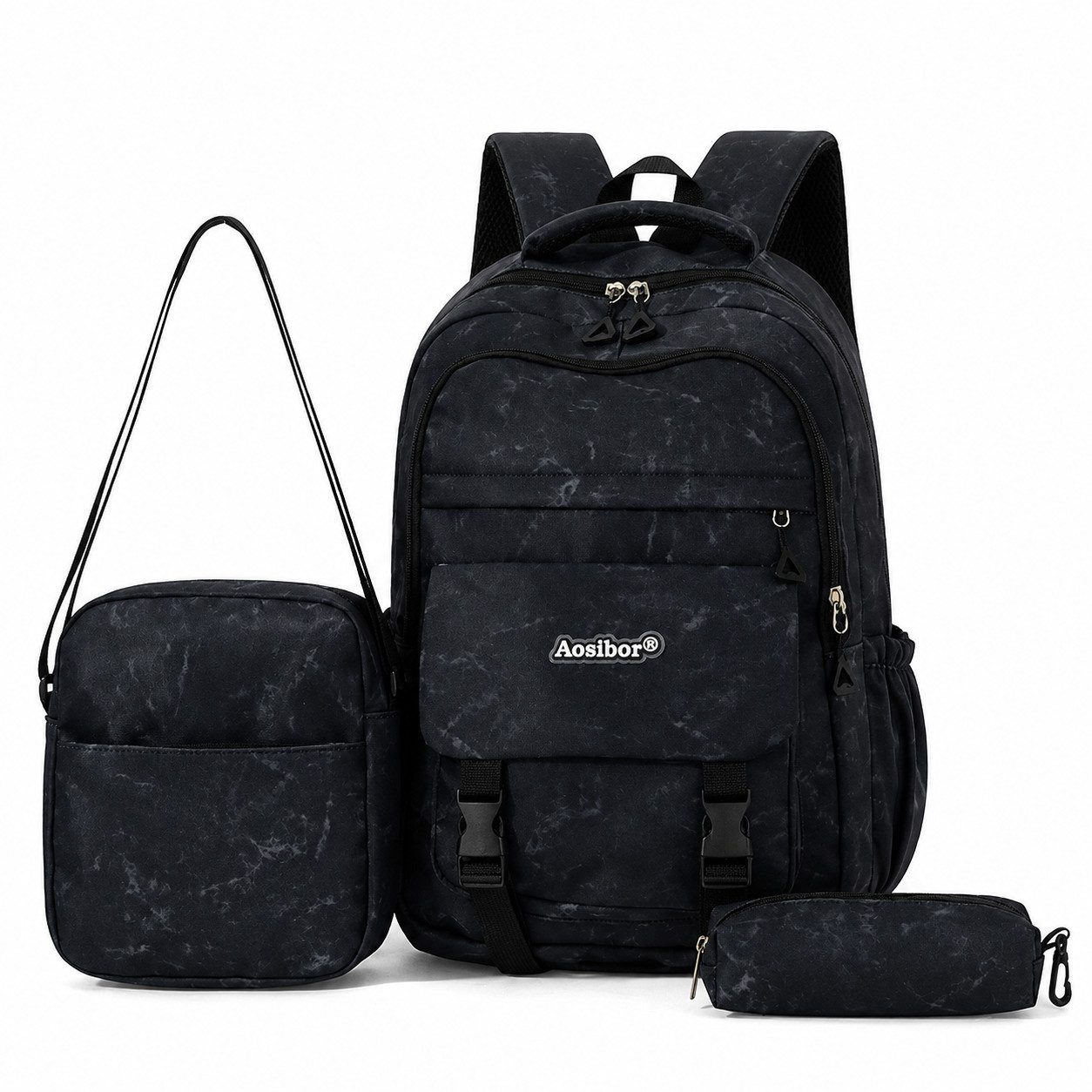 Fyrove Schulrucksack Rucksack Set 3-teilig mit Umhängetasche und Mäppchen (mit geräumigem Schulrucksack, passender Umhängetasche und Mäppchen), ideal für Schule, Studium, Freizeit und Reisen