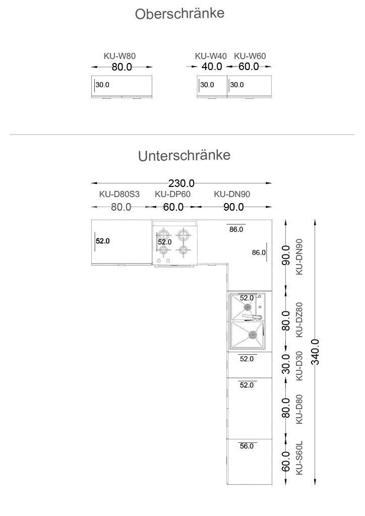 ROYAL24_MARKT Winkelküche – 230 × 340 cm – Lunara – Ohne Arbeitsplatte & Elektrogeräte, (Set), Beste Güte - Innovativ - Modern