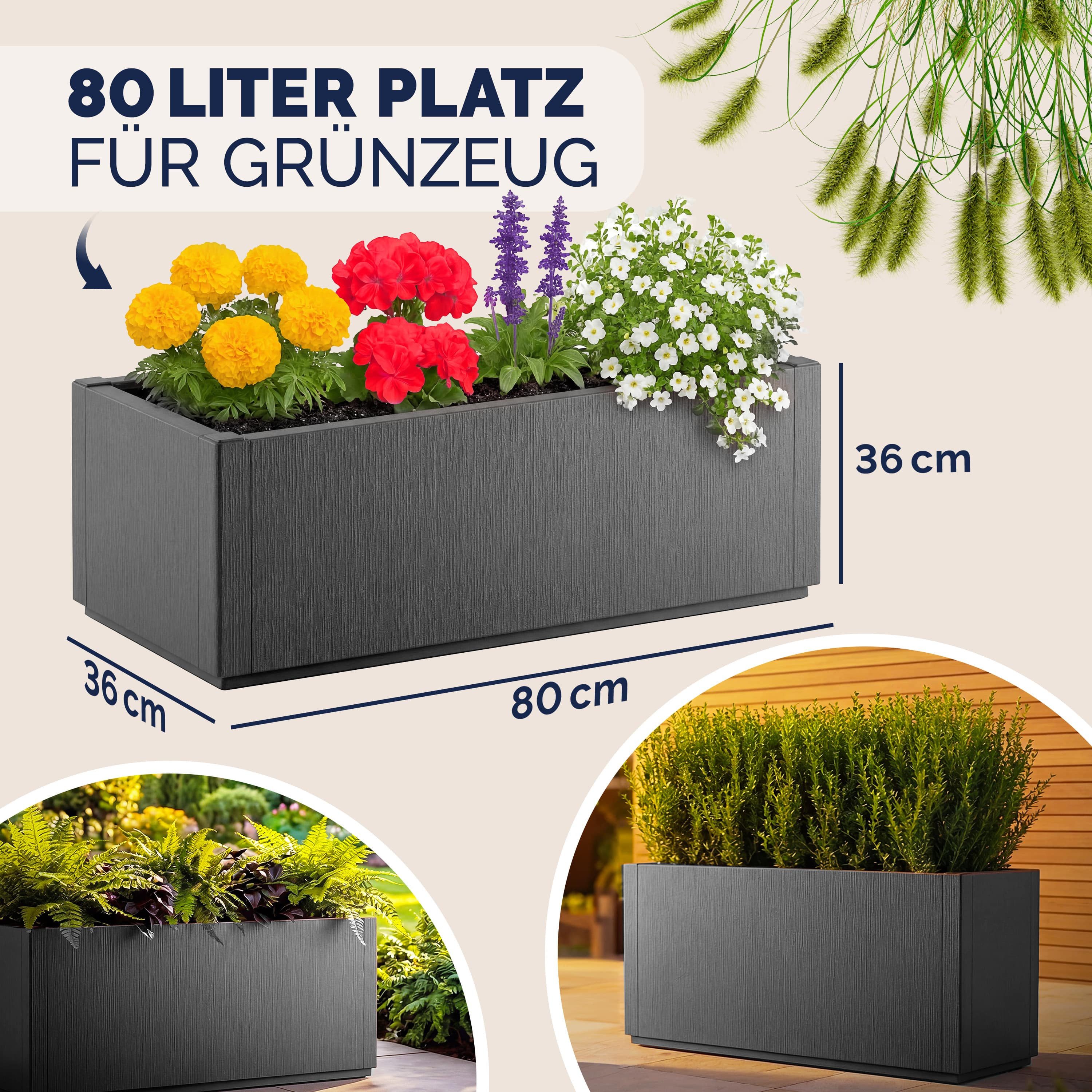 Casaria Blumenkasten Ethica, 80L Pflanzkübel für Draussen Terrasse 80x36x36cm Groß Eckig Anthrazit