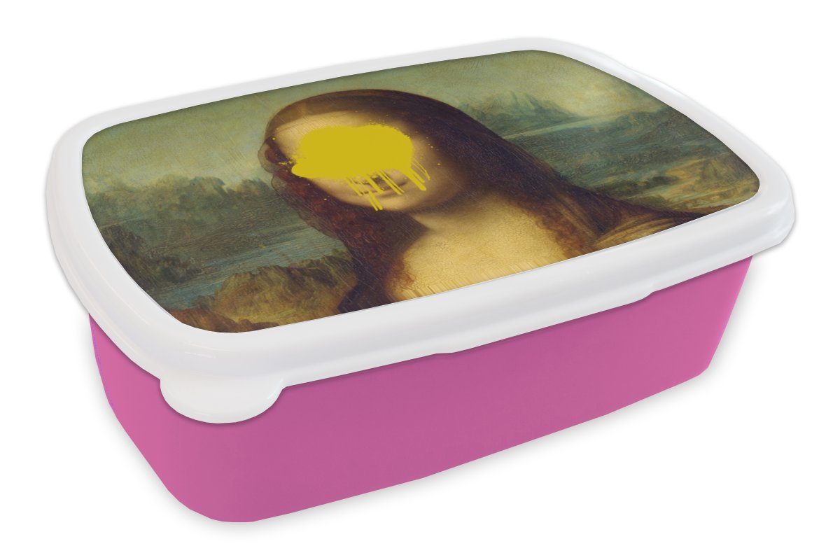 MuchoWow Lunchbox Mona Lisa - Leonardo da Vinci - Gelb, Kunststoff, (2-tlg), Brotbox für Erwachsene, Brotdose Kinder, Snackbox, Mädchen, Kunststoff rosa