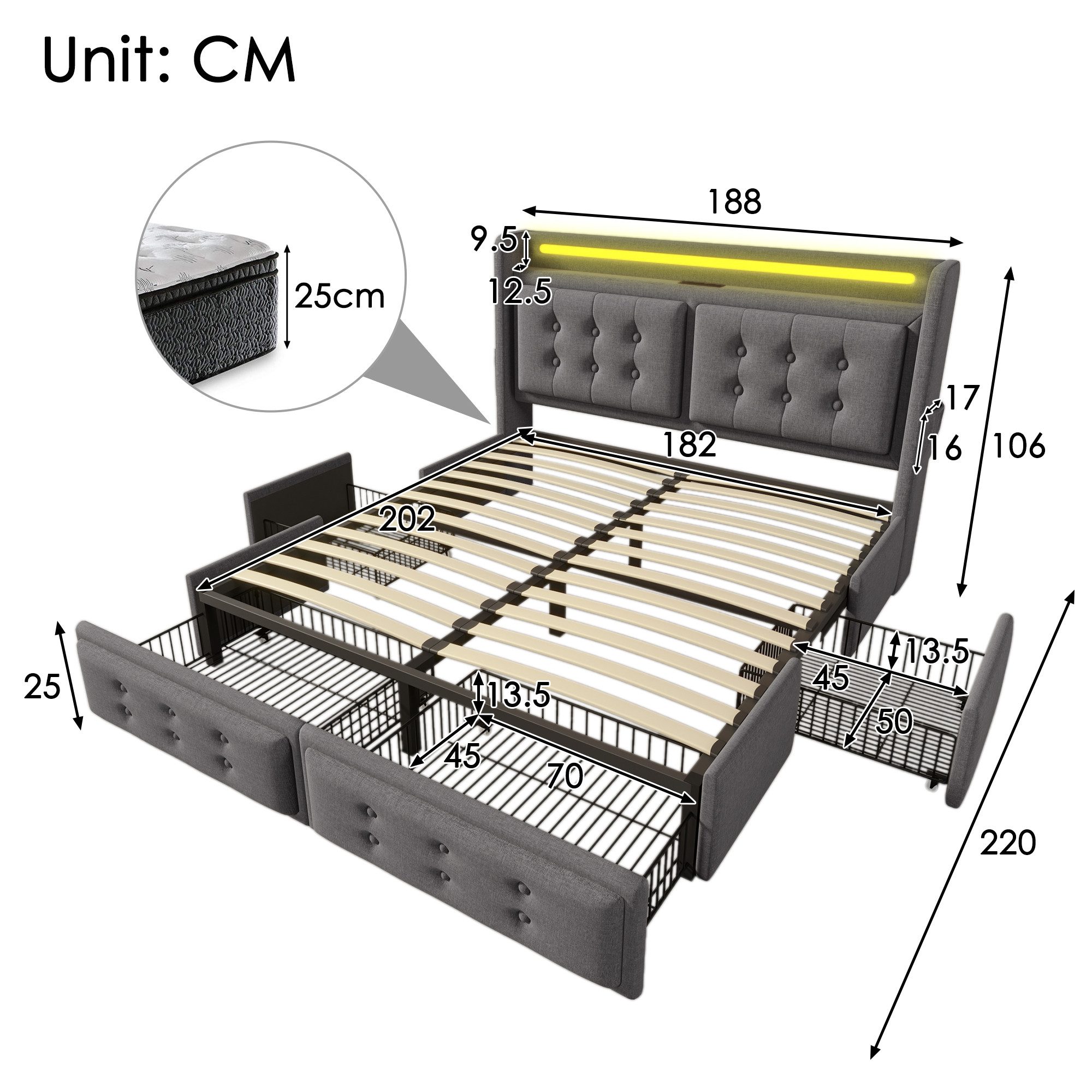 Ulife Polsterbett 180x200, Doppelbett mit LED-Kopfteil USB-C 4 Schubladen (3-tlg), Stauraumbett mit Lattenrost Metallrahmen 300kg