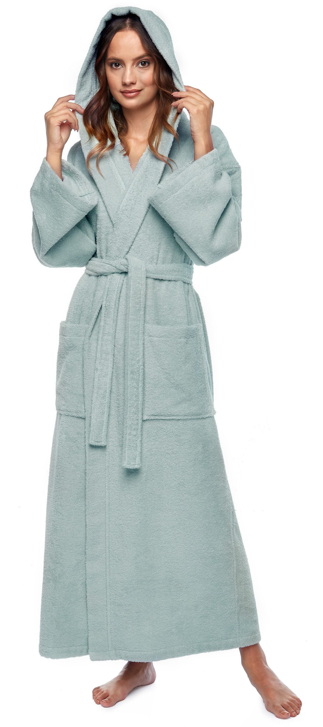 Arus Damenbademantel Astra, 100% Baumwolle, mit Kapuze, wadenlang oder extra lang, 100% Baumwolle