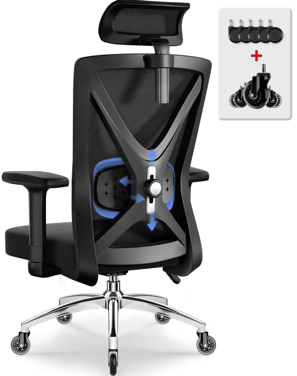 Hiazurm Bürostuhl Bürostuhl, Chefsessel, Ergonomischer Schreibtischstuhl, Computerstuhl (Verstellbare 5D gepolsterte Lendenwirbelstütze, Wippfunktion bis 135°,geräuscharmen Rollen, höhenverstellbar), Atmungsaktiver Netzbezug,Bis 200 kg