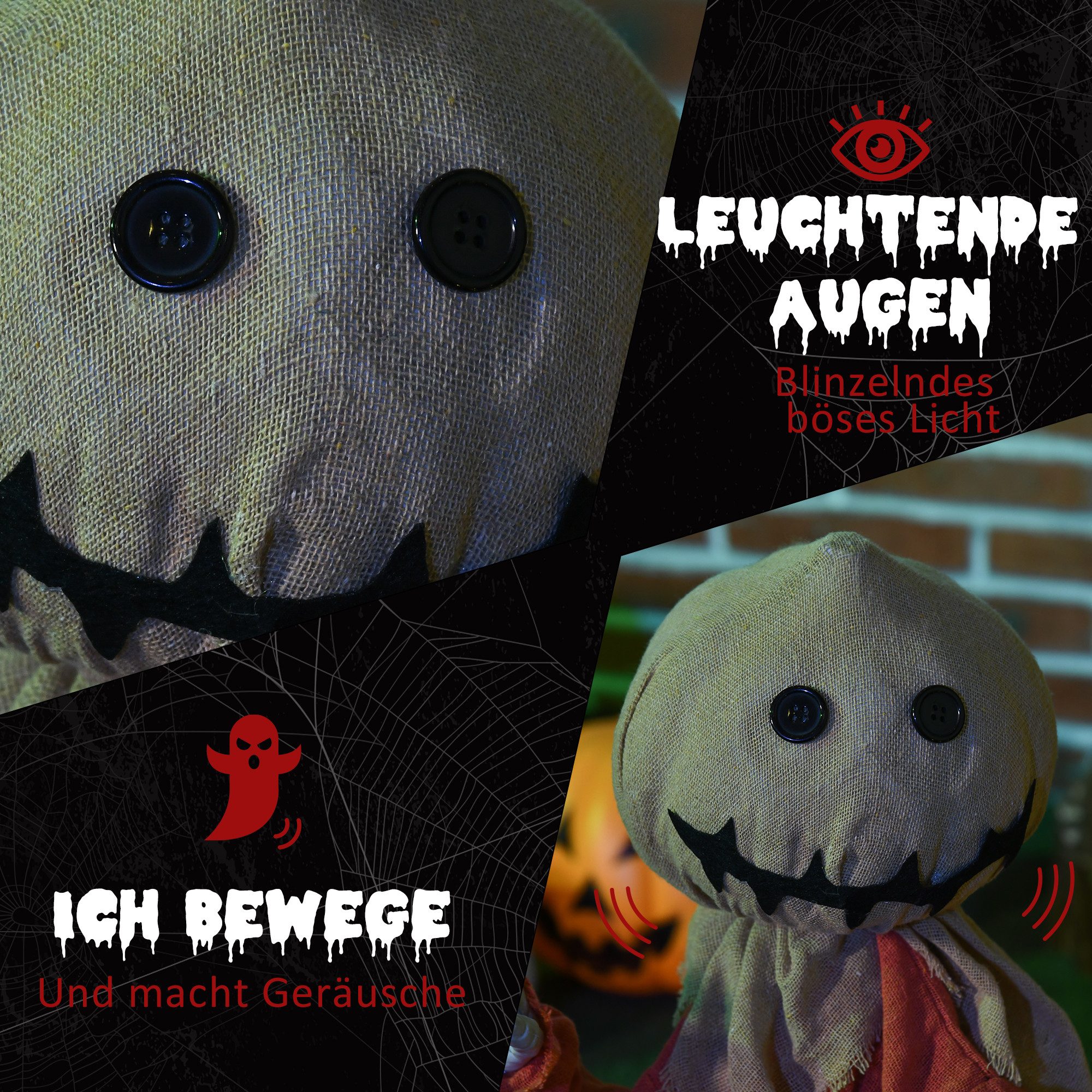 HOMCOM Dekofigur 77cm Halloween Deko mit Rote Augenleuchte und Soundfunktion (Halloween-Geister, 1 St., Vogelscheuche Halloween-Dekoration), mit Kürbiskopf, Ora – Bild 5 von 5
