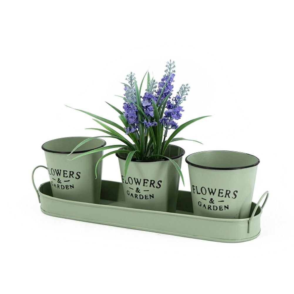 Macosa Home Kräutertopf (Kräutertopf Blumengefäße auf Tablett, 4 St., rund Pflanztablett Kräutergarten Pflanztopf), Pflanzgefäße 4tlg. Kräutertopf Zink Grün Vintage-Stil Blumentopf