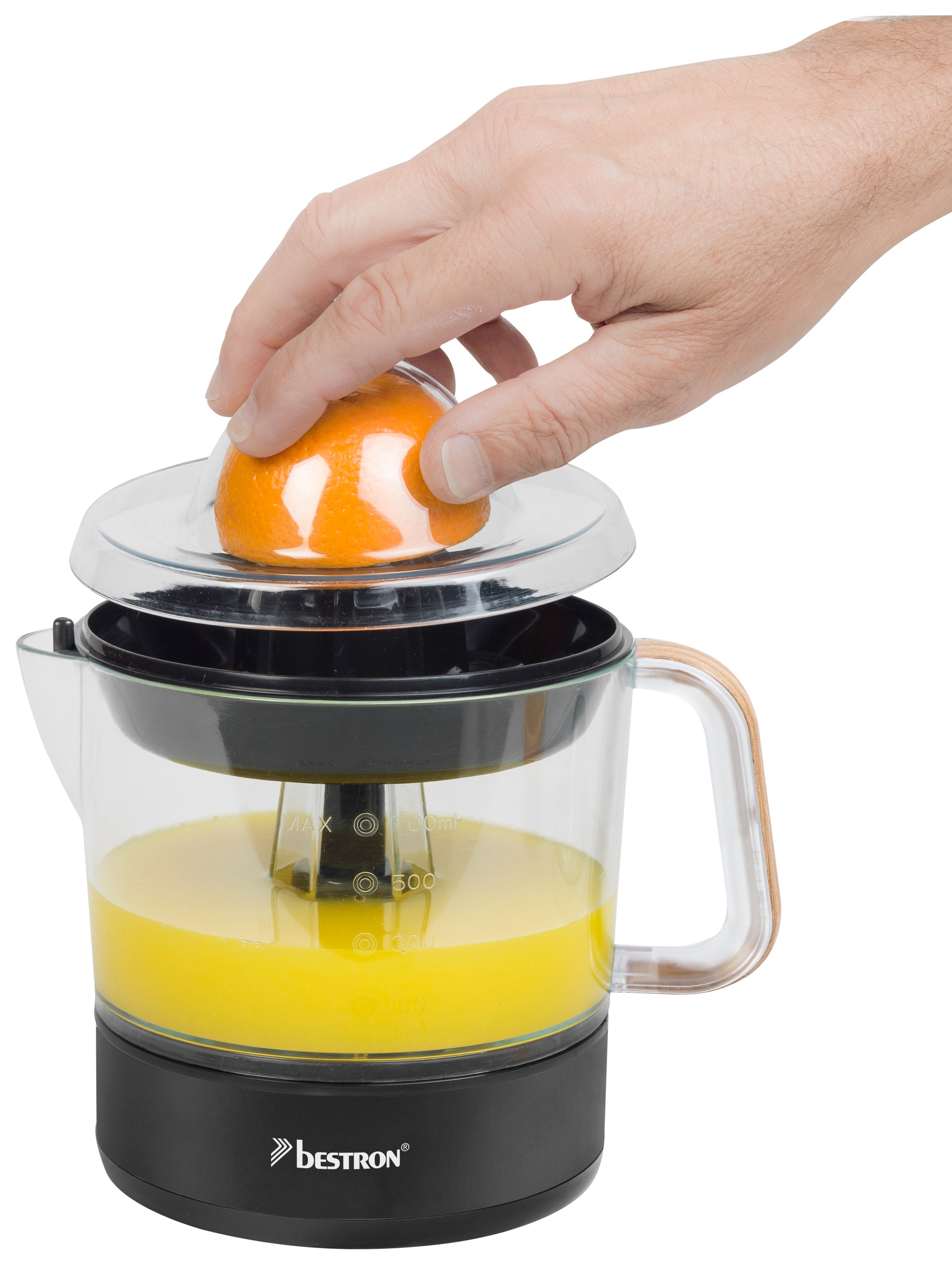 bestron Zitruspresse ACJ350, 40 W, 700 ml mit 2 Presskegeln & Frischhaltedeckel