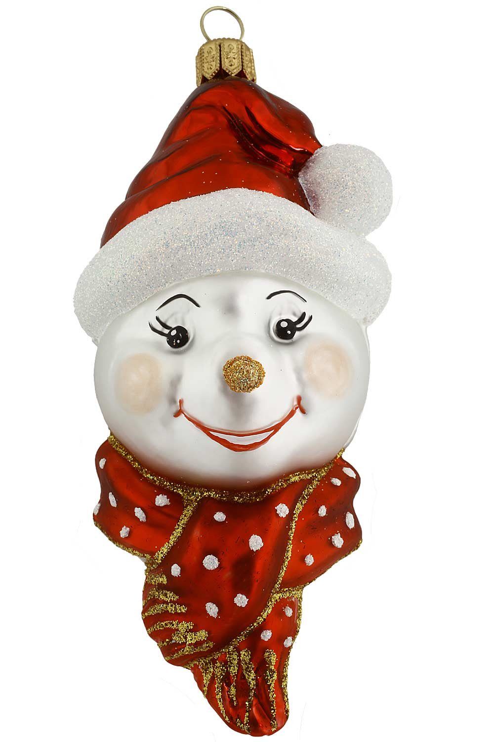 Hamburger Weihnachtskontor Christbaumschmuck Schneemann-Gesicht mit Schal Punkte, Dekohänger - mundgeblasen - handdekoriert