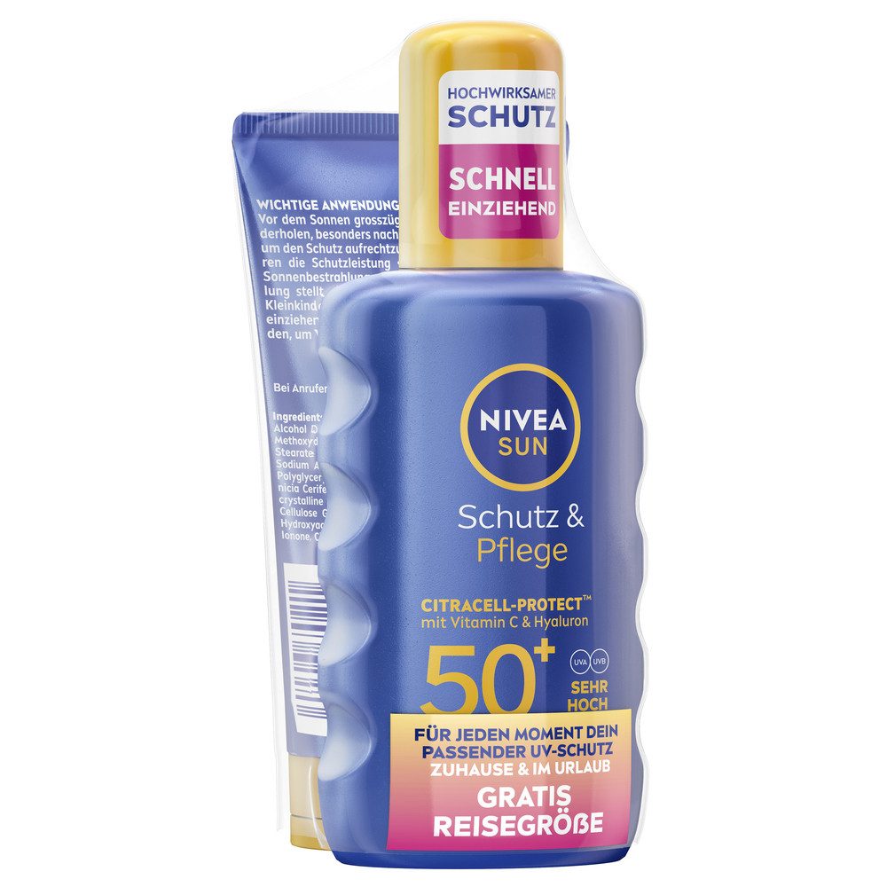 Nivea Sun Sonnenschutzspray Schutz & Pflege Spray LSF50+ 200ml mit To Go Größe Gratis, 2-tlg., wirkt über herkömmliche UV-Filter hinaus