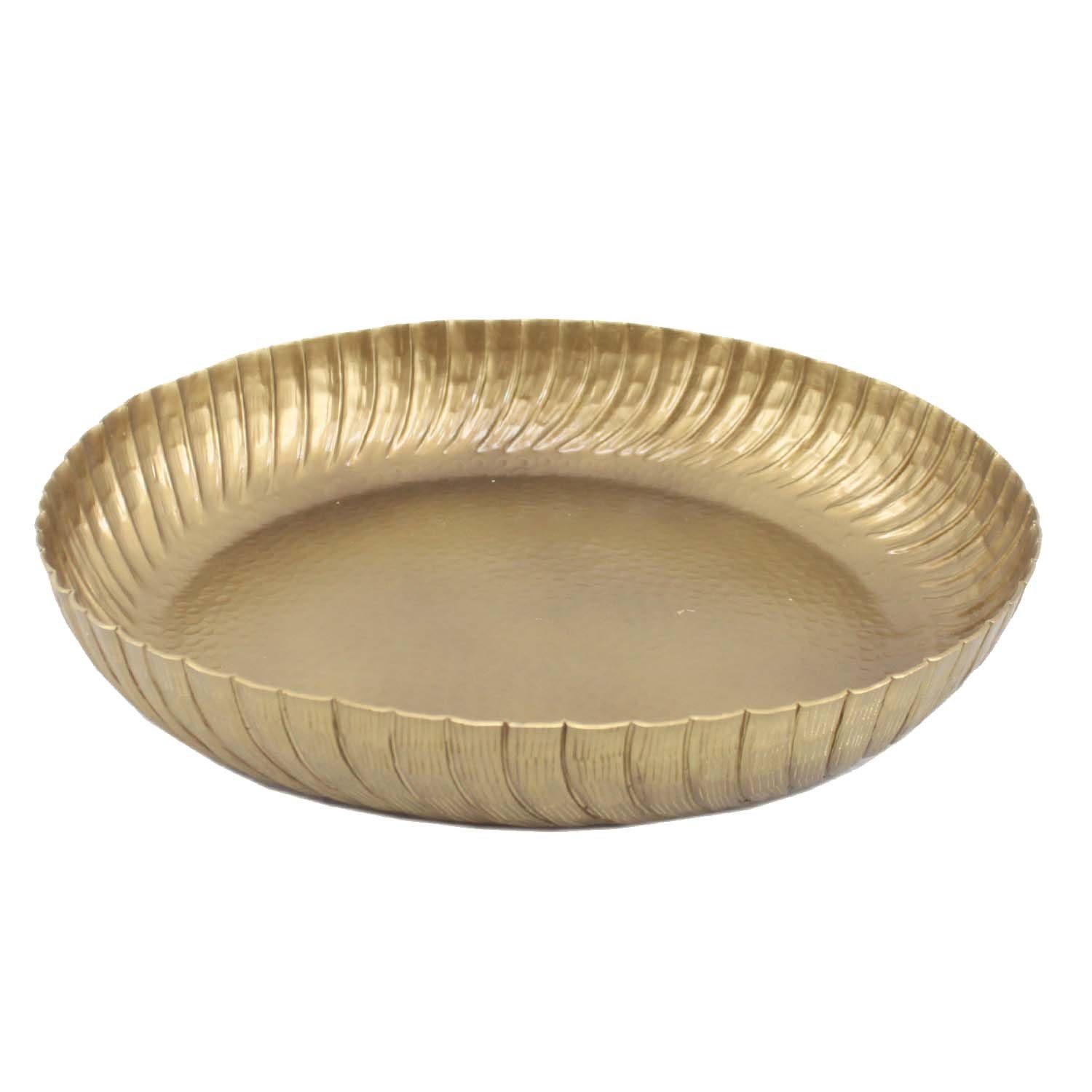 Casa Moro Dekotablett Orientalisches Gold Tablett Loubna rund Metall (massiv Aluminium mit Hammerschlag & Wellen-Rand, Boho Chic Teetablett, Designer Serviertablett), Ramadan Servierplatte