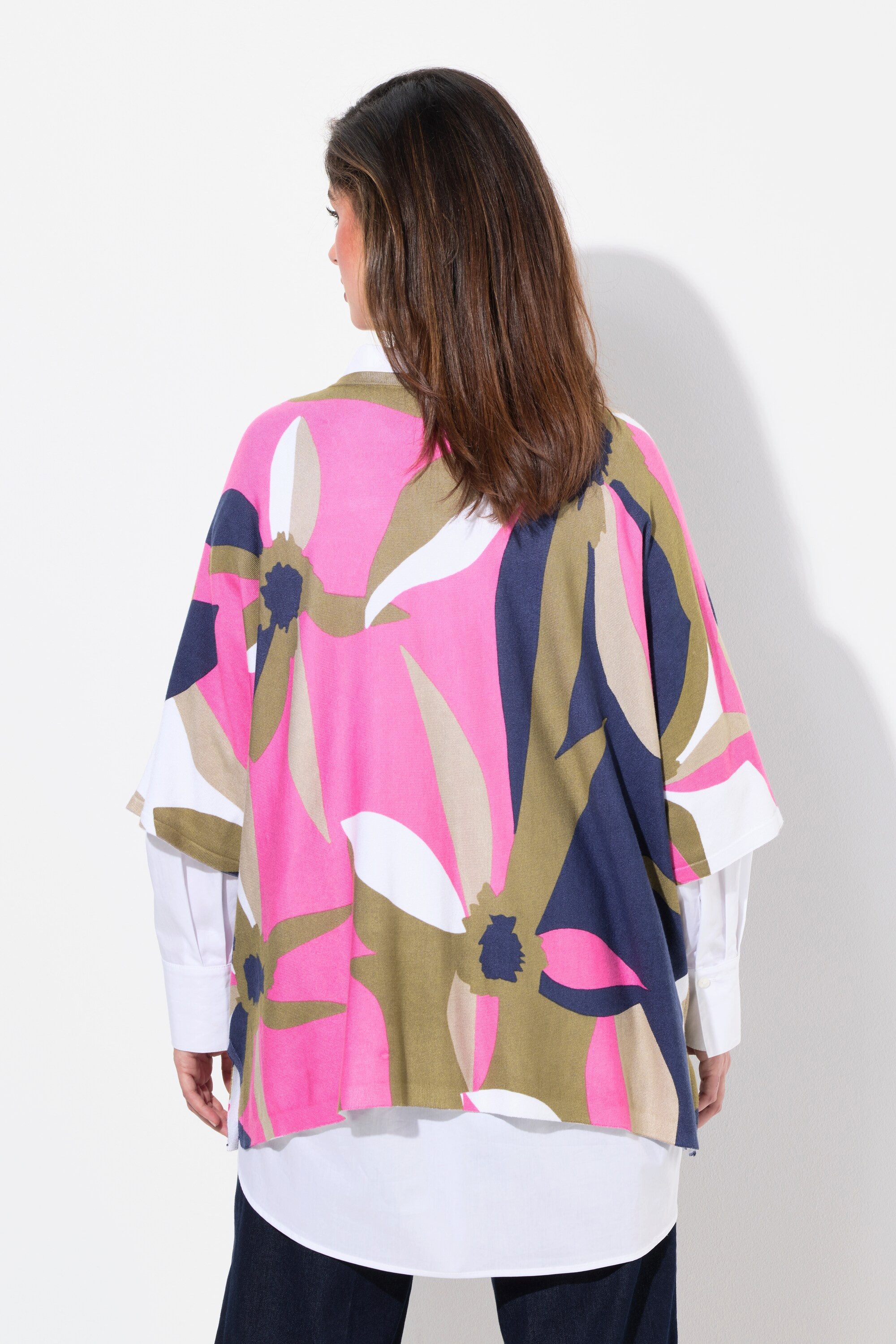 Ulla Popken Pullunder Pullover Blüten Oversized V-Ausschnitt 3/4-Arm