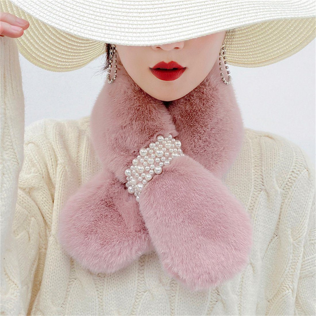 DÖRÖY Modeschal Frauen Perle Kreuz Plüsch Schal, Mode Warm Faux Otter Kaninchen Schal Rosa