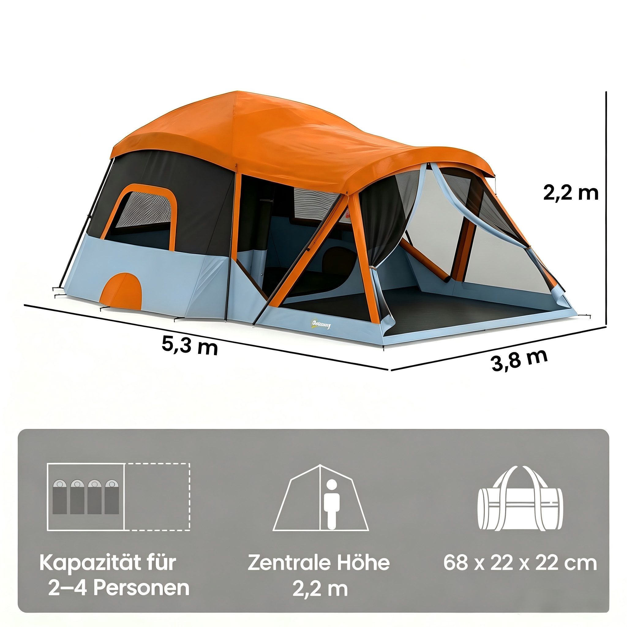 kowdom Tunnelzelt Familienzelt 4 Personen 2 Räume wasserdicht & Schnellaufbau, Personen: 4 (Tunnelzelt)