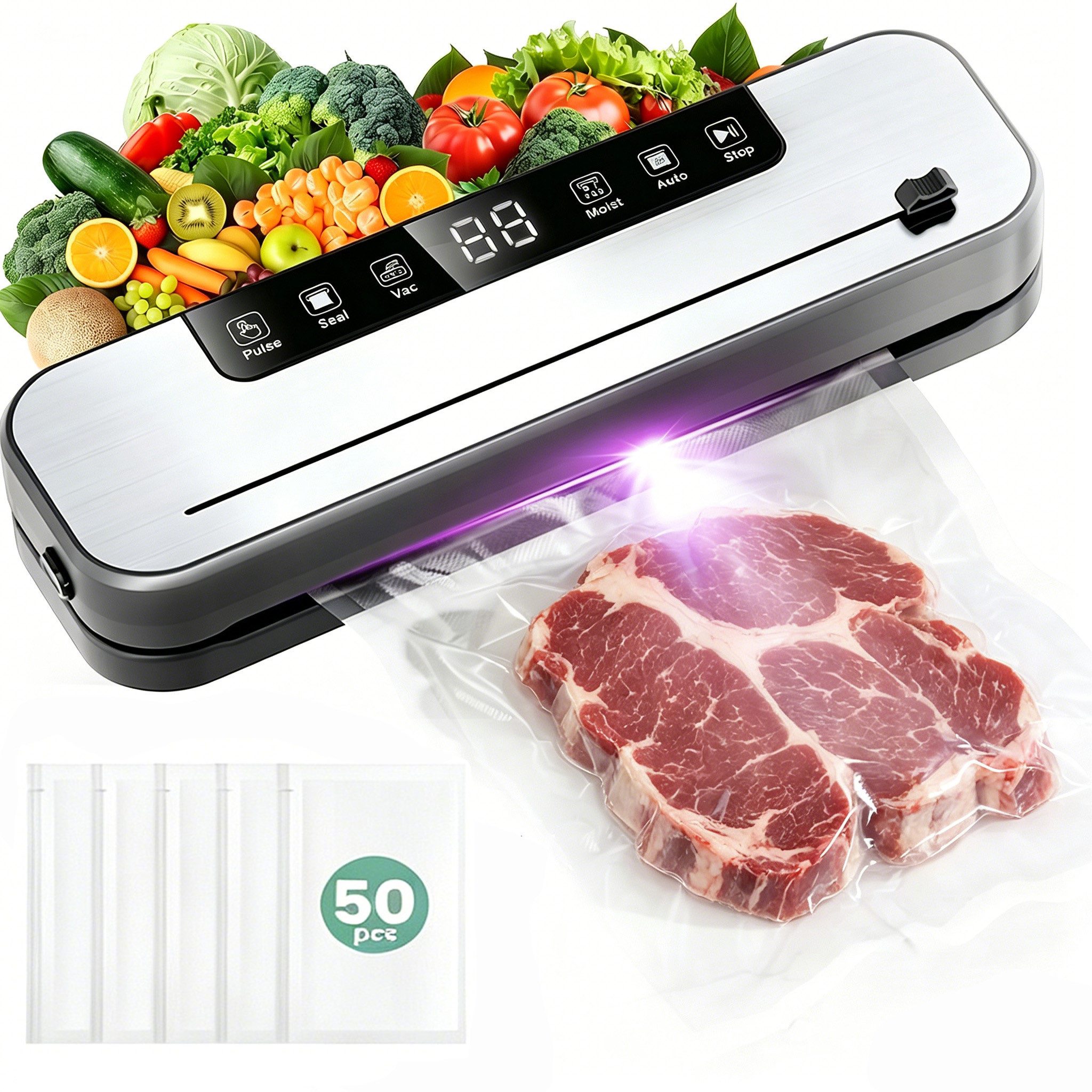 AKKEE Vakuumierer 6-in-1 Vakuumiergerät Profi für Lebensmittel, LCD-Display, 120W, bis zu 8x länger frisch