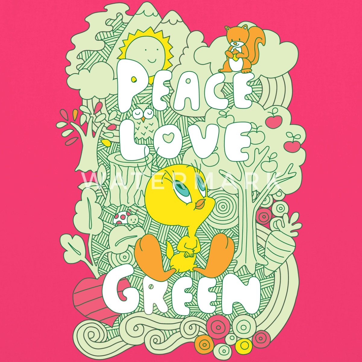 Spreadshirt Henkeltasche Looney Tunes Tweety Peace Love Green Design Stoffbeutel (1-tlg)
