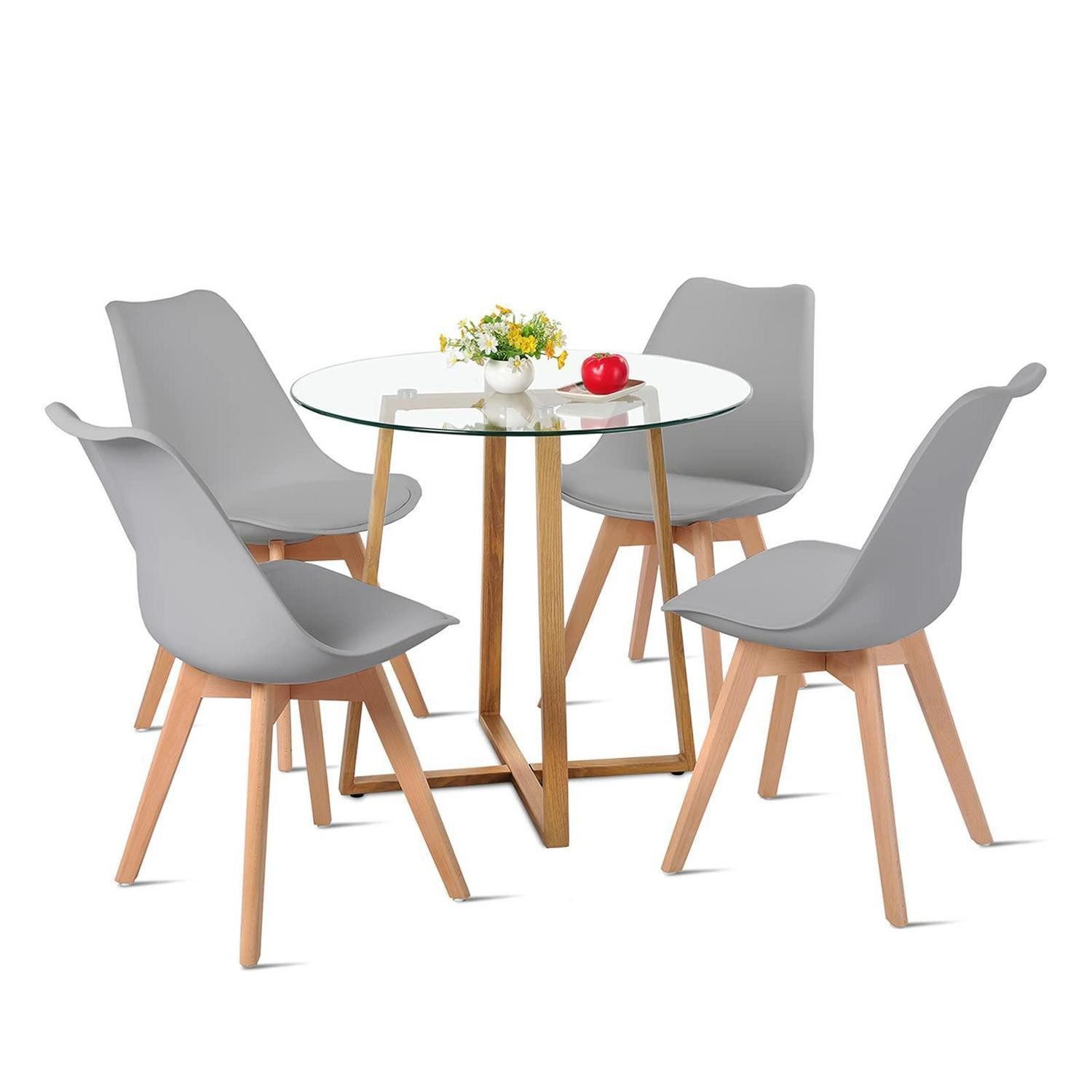 LuxusKollektion Esstisch Esstisch Glas rund Transparenter runder Tisch Mit 4 Grauen Stühlen (1-St)