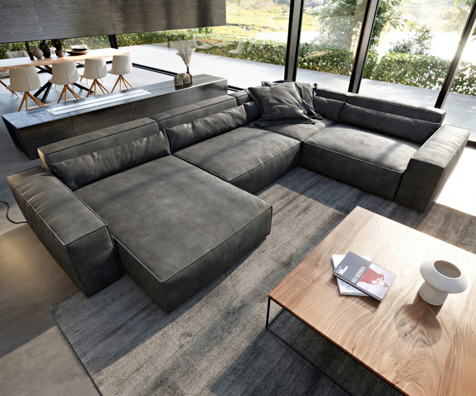 DELIFE Wohnlandschaft Sirpio, XL Lederimitat Vintage Anthrazit 360x260 cm Recamiere variabel